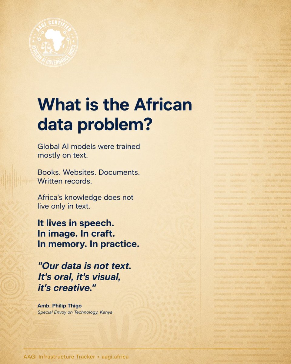 AAGIndex's tweet photo. "Our data is not text. It's oral,
it's visual, it's creative." Amb. Philip Thigo

Global AI models were trained on text.
#Africa 's knowledge lives in speech,image, craft and memory.

Borrowed frameworks leave gaps.

Africa can build its own compute and also write its own rules. https://t.co/Dbmcj7XjCZ
