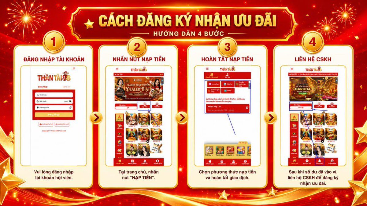 thantai_88's tweet photo. 📢 Muốn nhận ưu đãi?

Chỉ cần làm đủ 4 bước:

🔹 Đăng nhập
🔹 Nạp tiền
🔹 Hoàn tất giao dịch
🔹 Đăng ký ưu đãi với CSKH
Đừng bỏ sót bước cuối nhé. 👌
#ThanTai88 #KhuyenMai #GameOnline https://t.co/qBp94bh6sq