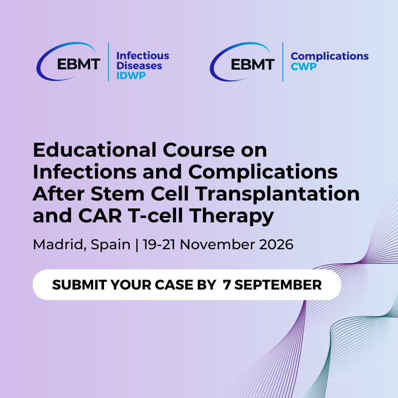 TheEBMT's tweet photo. 🗣️ Submit your case for the Educational Course on Infections and Complications After Stem Cell Transplantation and CAR T-cell Therapy.📍Madrid, Spain 📅 19-21 November

✈️ Travel Grants available!

Learn more ➡️ https://t.co/JquUCJQKT1

#HCT #celltherapy #casesubmission #educationalmeeting