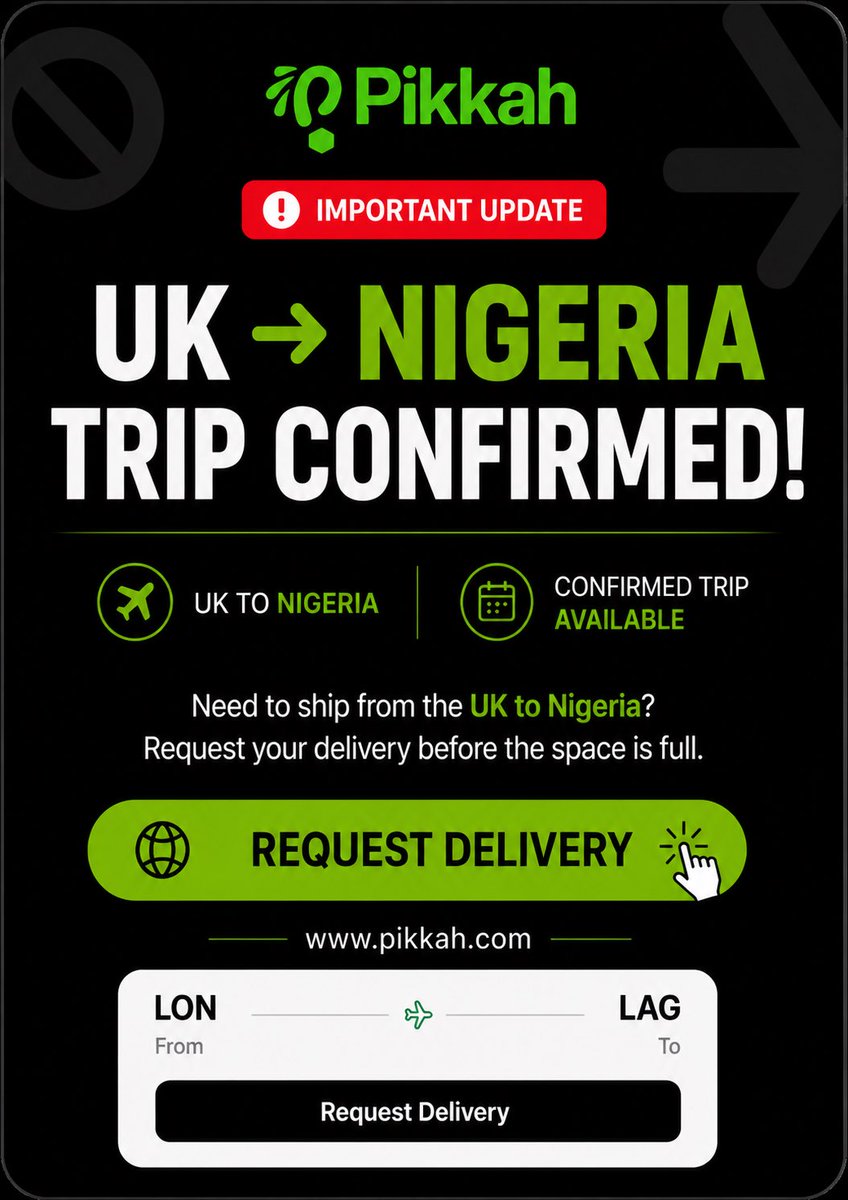 usepikkah's tweet photo. Important Update

We now have confirmed trips from the UK to Nigeria and from Nigeria to the UK. 

If you have anything to send from the UK to Nigeria. Pikkah connects you with travellers already heading your way.  Visit https://t.co/LpbwilowJf to submit your delivery request. https://t.co/3Rrf8FgW2i