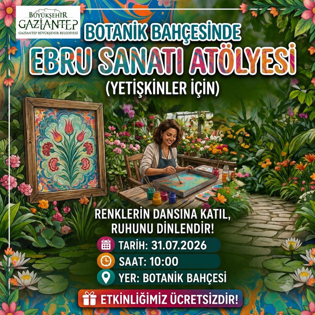 gbbbotanik's tweet photo. Renklerin su üzerindeki büyülü yolculuğunu birlikte keşfetmeye ne dersiniz?
📅 Tarih: 31 Temmuz
🕙 Saat: 10.00
📍 Yer: Gaziantep Büyükşehir Belediyesi Botanik Bahçesi
💚 Katılım: Ücretsiz https://t.co/ntniO3YPmS