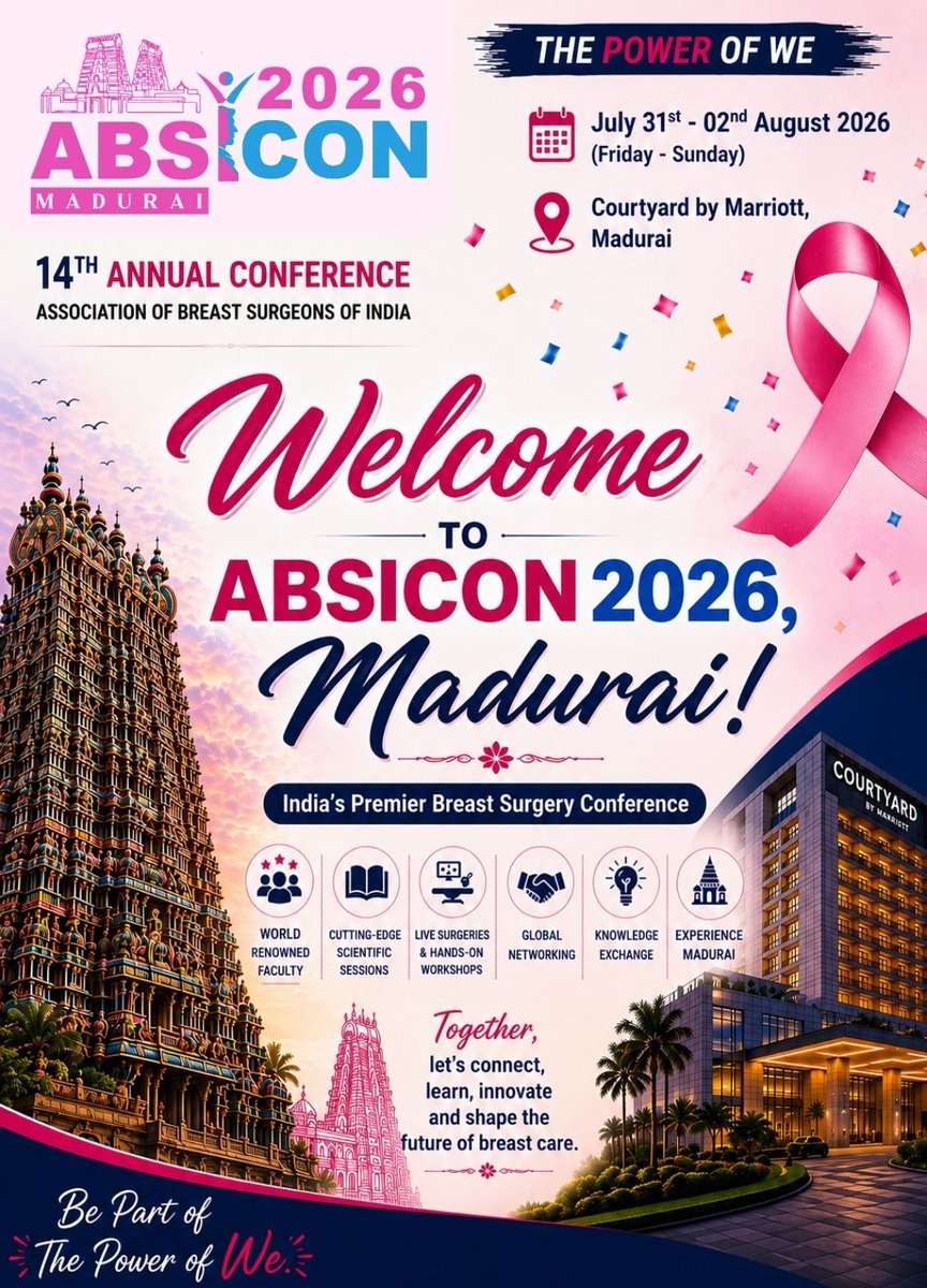 ABSI_2011's tweet photo. 🌸 Welcome to ABSICON 2026, Madurai! 🌸
A warm welcome to all delegates, faculty, speakers, exhibitors, and partners to the 14th Annual Conference of the Association of Breast Surgeons of India.

#absicon2026 #Conference2026 #breastsurgeons #ABSI #welcome https://t.co/zzNIFrd4cg