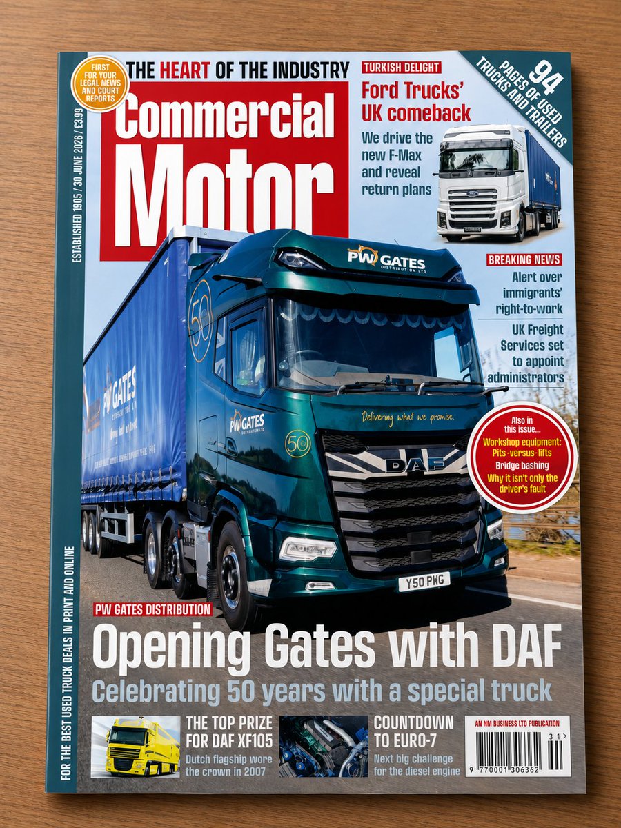 DAFTrucksUK's tweet photo. P W Gates Distribution's anniversary DAF XG 530 takes centre stage on the cover of this week's @Comm_Motor magazine. 👏
Read it now: https://t.co/gf8dnNIdvw
#DAFXG #Milestone #Trucks #DAFTrucks https://t.co/U730iyi1Sq