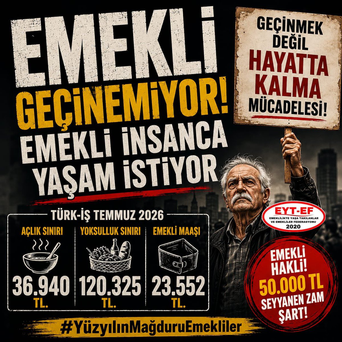 tuncay17yenice1's tweet photo. TÜRK -İŞ Temmuz Ayı Açlık Ve Yoksulluk Sınırı Verilerini Açıkladı 

Açlık Sınırı 36.939,87 TL’ye, Yoksulluk sınırı 120.325,30 TL’ye, yükseldi 

Milyonlarca Emekli Açlık Sınırının Altında Maaş Almaya Devam Ediyor 
#YüzyılınMağduruEmekliler 
#5000KısmiAsrınMağduru https://t.co/v84pkqjy9c