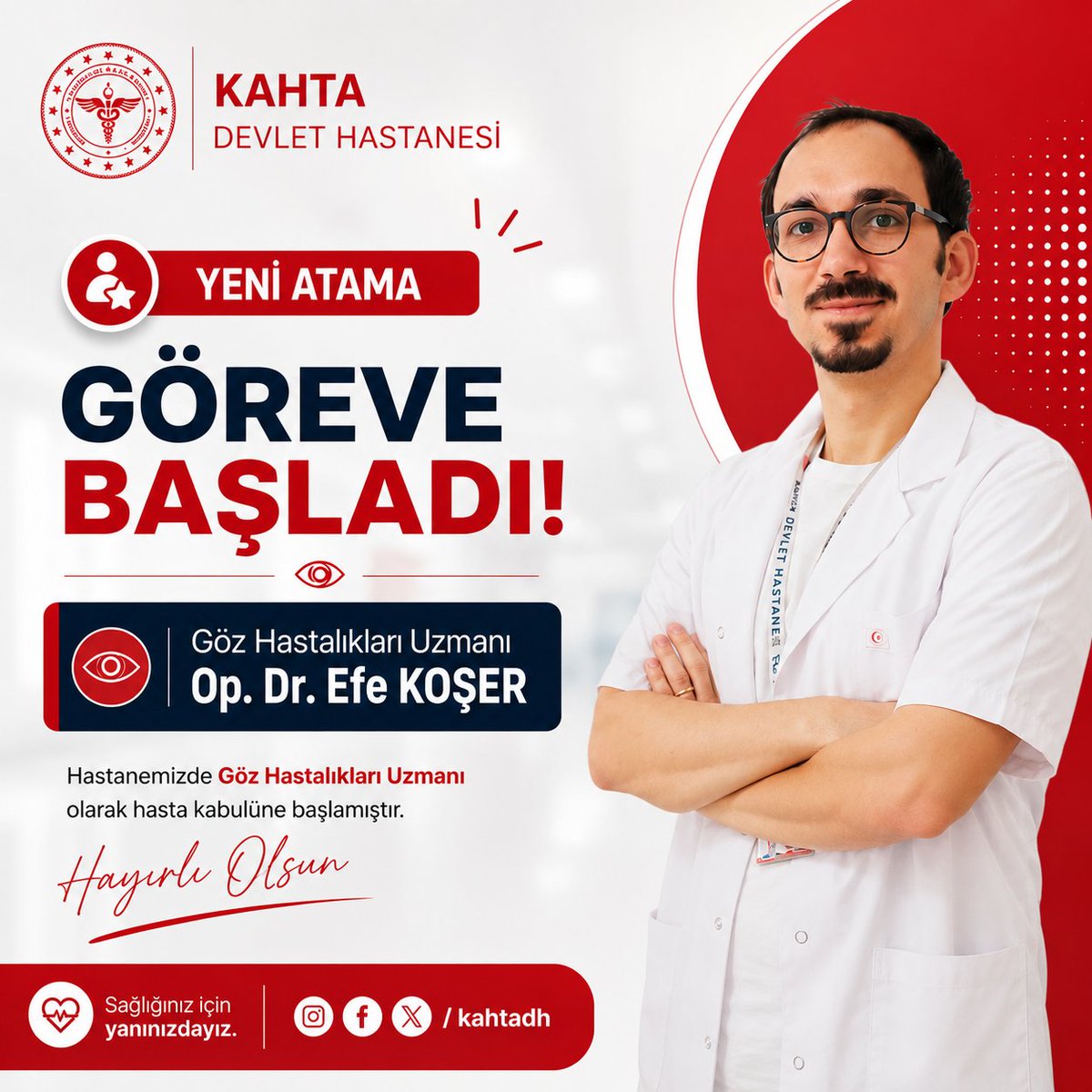 KDevlet15374's tweet photo. Göz Hastalıkları Uzmanı
Op. Dr. Efe KOŞER hastanemizde hasta kabulüne başlamıştır.

Muayene randevularınızı

☎️ALO 182 veya
🌐MHRS (https://t.co/rlJgZVJPrG)
adresi üzerinden oluşturabilirsiniz.
📌Tüm vatandaşlarımıza duyurulur.
23s https://t.co/sJwTBLRE6z