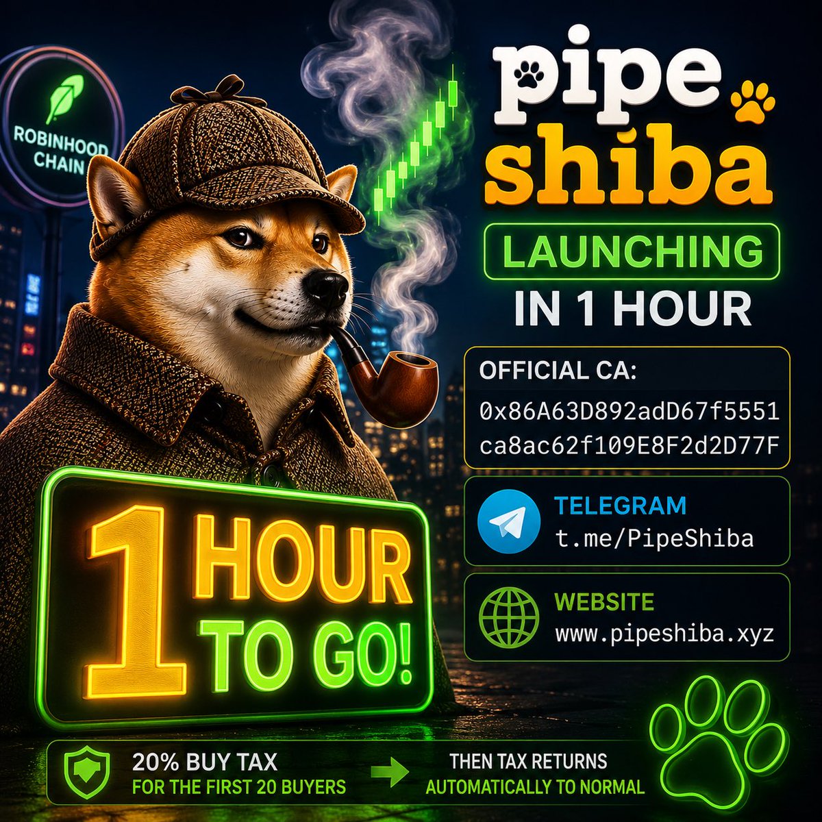 PipeShiba's tweet photo. 🚨 1 HOUR TO GO! 🐶

PIPE SHIBA launches in 1 hour.

📜 CA:
0x86A63D892adD67f5551ca8ac62f109E8F2d2D77F

💬 Telegram:
https://t.co/E7Kmrbp02k

🌐 Website:
https://t.co/VwpNa85SFC

See you at launch. 🚀

#PipeShiba #RobinhoodChain #FairLaunch https://t.co/eSymD1GwZY