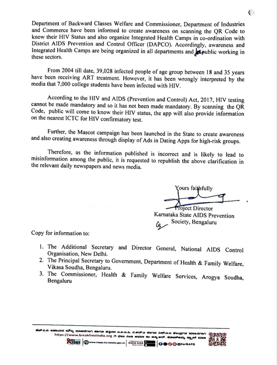 path2shah's tweet photo. The Karnataka State #AIDS Prevention Society (#KSAPS) has strongly refuted viral social media claims and media reports that #HIV testing has been made mandatory for college students in the state. The agency also categorically denied rumours suggesting that 7,000 students in #Karnataka have tested positive for HIV.. . @DHFWKA @utkhader