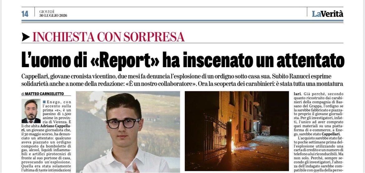 fratotolo2's tweet photo. Adriano Cappellari, giovane cronista vicentino, due mesi fa aveva denunciato l’esplosione di un ordigno sotto casa sua. 

Subito Ranucci aveva espresso solidarietà anche a nome della redazione di Report: “È un nostro collaboratore”.

Ora la scoperta dei carabinieri: non era stato un attentato ma una montatura.
@MatteoCarniele1