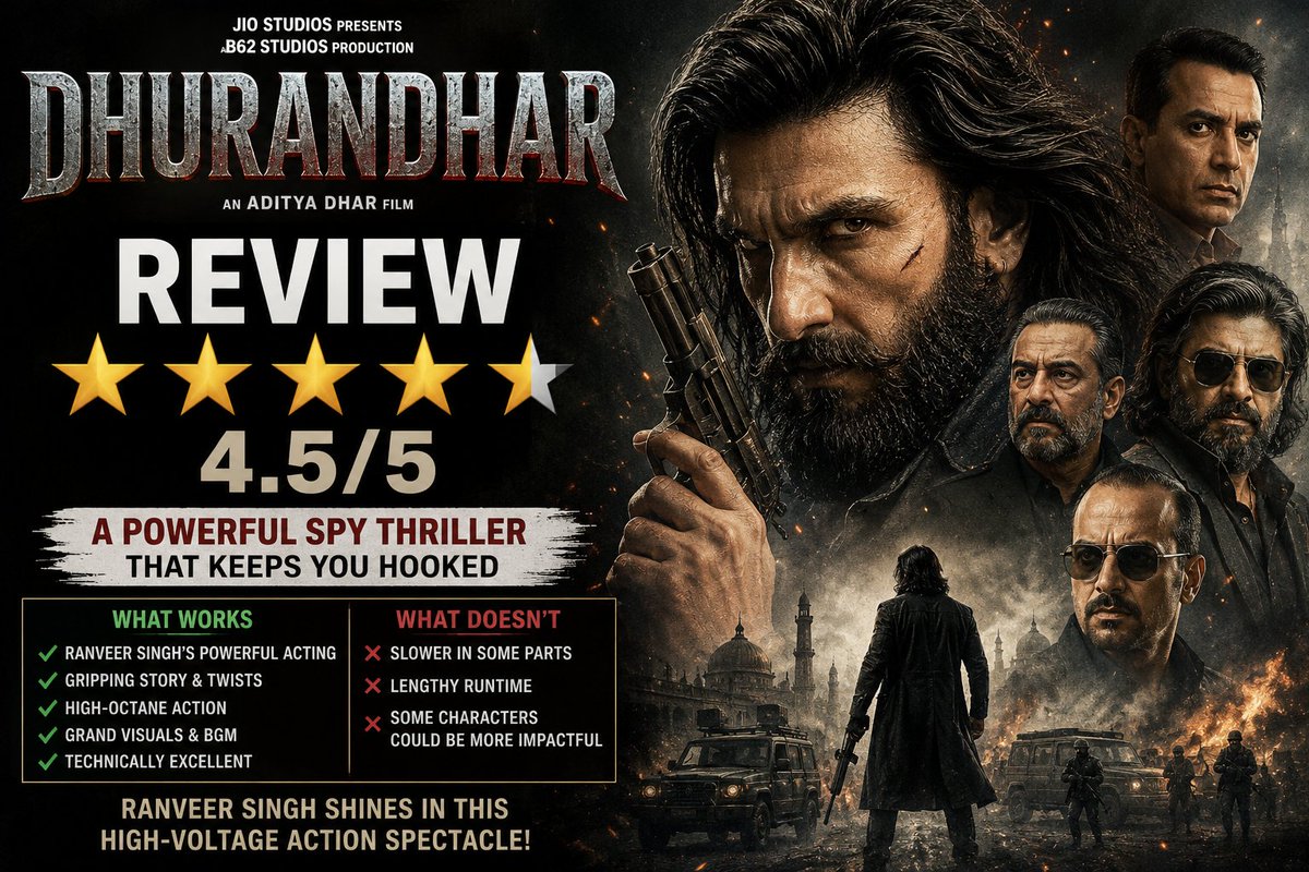 DhrubaWB's tweet photo. 1/10 🧵
#Dhurandhar (2025) : A To Z Review

⭐ Overall Rating: 4.5/5

@AdityaDharFilms proves once again that he is an asset when it comes to creating an absorbing movie with elements of scale, emotion, and thrills.#Dhurandhar is not another formulaic spy-action film, @Pinkvilla https://t.co/jVMOfYORku