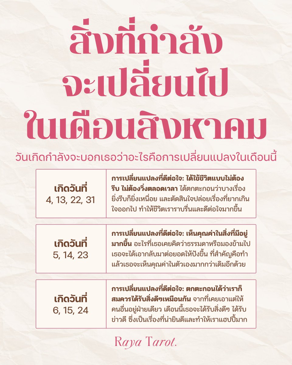 rayatarot's tweet photo. วันเกิดของเธอกำลังจะบอกว่า....เดือนสิงหาคมนี้จะมีการเปลี่ยนแปลงที่ดีต่อใจเราในเรื่องอะไร ขอให้เดือน 8 นี้ทุกคนปังอลังการแบบเติดระแบดทุกด้านค่า 🍯🔮✨
#WhatYourBirthdaySaysByRaya #RayaTarot https://t.co/Y64A8xlnef