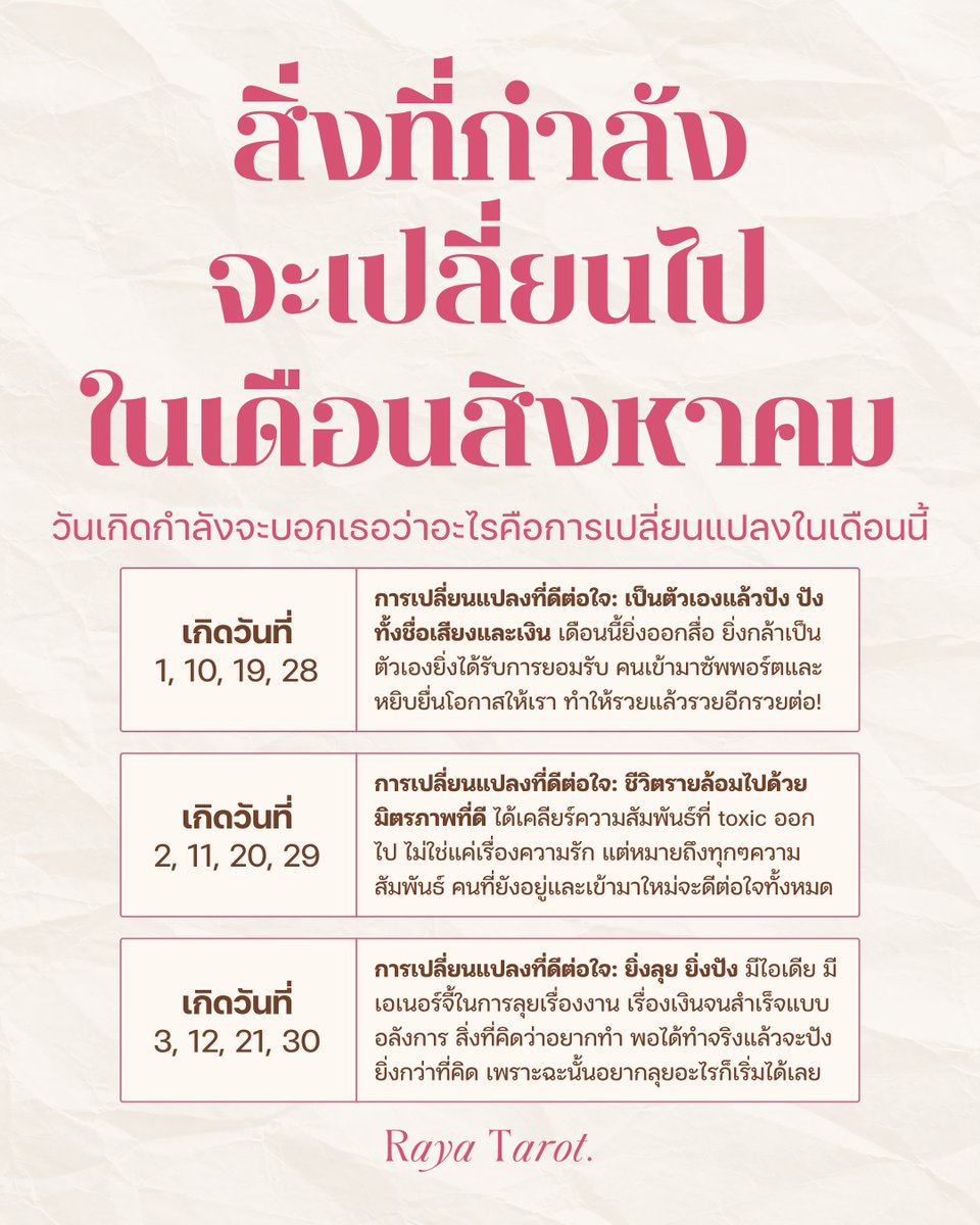 rayatarot's tweet photo. วันเกิดของเธอกำลังจะบอกว่า....เดือนสิงหาคมนี้จะมีการเปลี่ยนแปลงที่ดีต่อใจเราในเรื่องอะไร ขอให้เดือน 8 นี้ทุกคนปังอลังการแบบเติดระแบดทุกด้านค่า 🍯🔮✨
#WhatYourBirthdaySaysByRaya #RayaTarot https://t.co/Y64A8xlnef