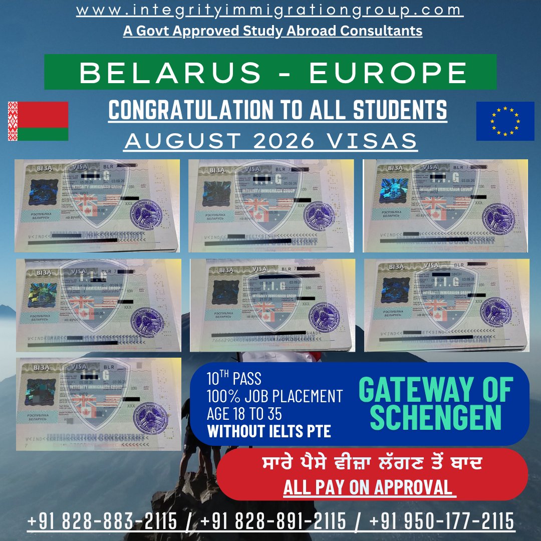 IntegrityImmigr's tweet photo. Congratulation to all of you dear 👩‍🎓Students for your 🇧🇾Belarus 
🇪🇺Europe Visa approval.

👉10th Pass
👉Without  IELTS/ PTE / TOEFL
👉1 + 4 Visa 
👉Age 18 to 35
👉 100% JOB PLACEMENT
👉 100% Visa Guarantee

👉 ALL PAYMENT VISA STAMPING
👉 ਸਾਰੇ ਪੈਸੇ ਵੀਜ਼ਾ ਲੱਗਣ ਤੋਂ ਬਾਦ https://t.co/5JCjqQP5NI