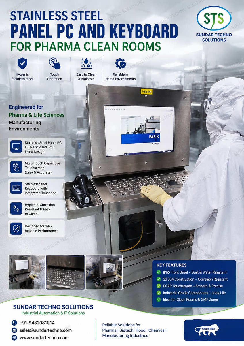 Sundar_Techno's tweet photo. STS Stainless Steel Panel PCs & Waterproof Keyboards are designed for pharmaceutical clean rooms, MES, SCADA & EBR applications. Built with SS304 and 24Γ7 industrial
π +91-9482081014
π§ sales@sundartechno.com
π https://t.co/tQL98VBB6H
#SundarTechnoSolutions #PharmaAutomation https://t.co/HSxVl9R5Dd
