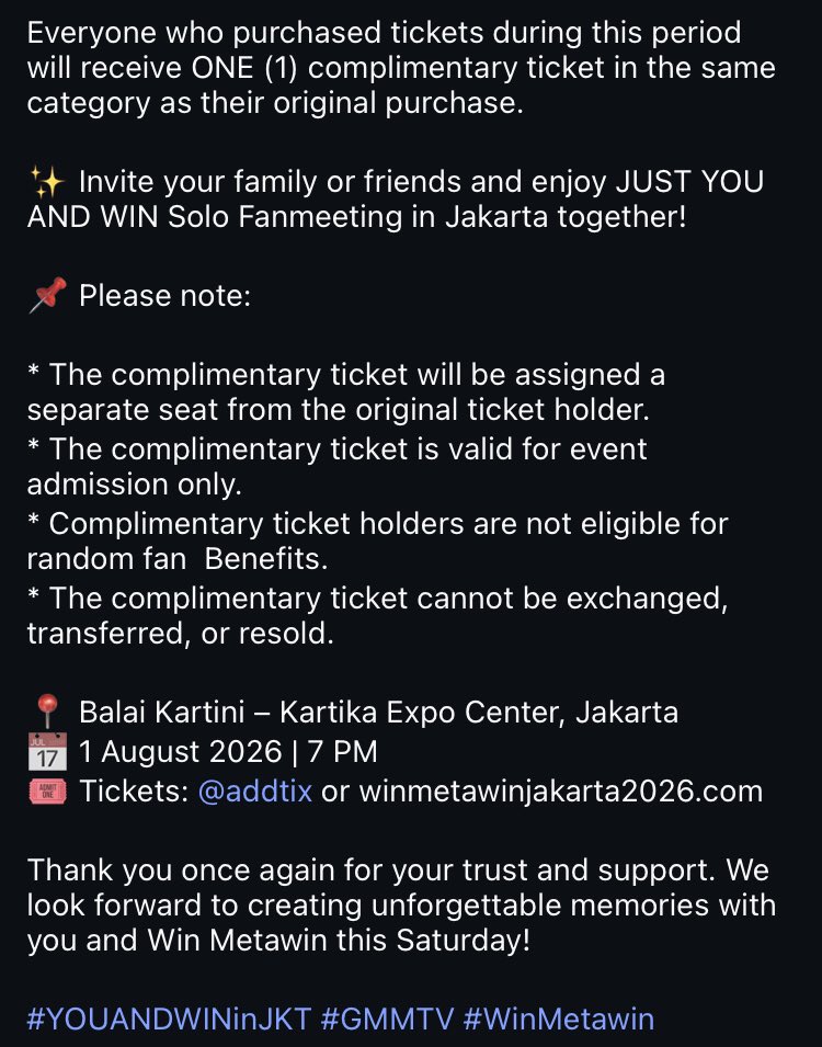 junebluemoon's tweet photo. INFO BARU soal B1G1 #YOUANDWINinJKT

•Pembeli tiket periode 1 Juni-29 Juli mendapatkan 1 (satu) tiket gratis dengan kategori yang sama NAMUN tempat duduk terpisah dari tiket utama
• Tiket gratis dapat benefit YANG BUKAN RAFFLE (all benefit only) https://t.co/7HR49ZZHMb