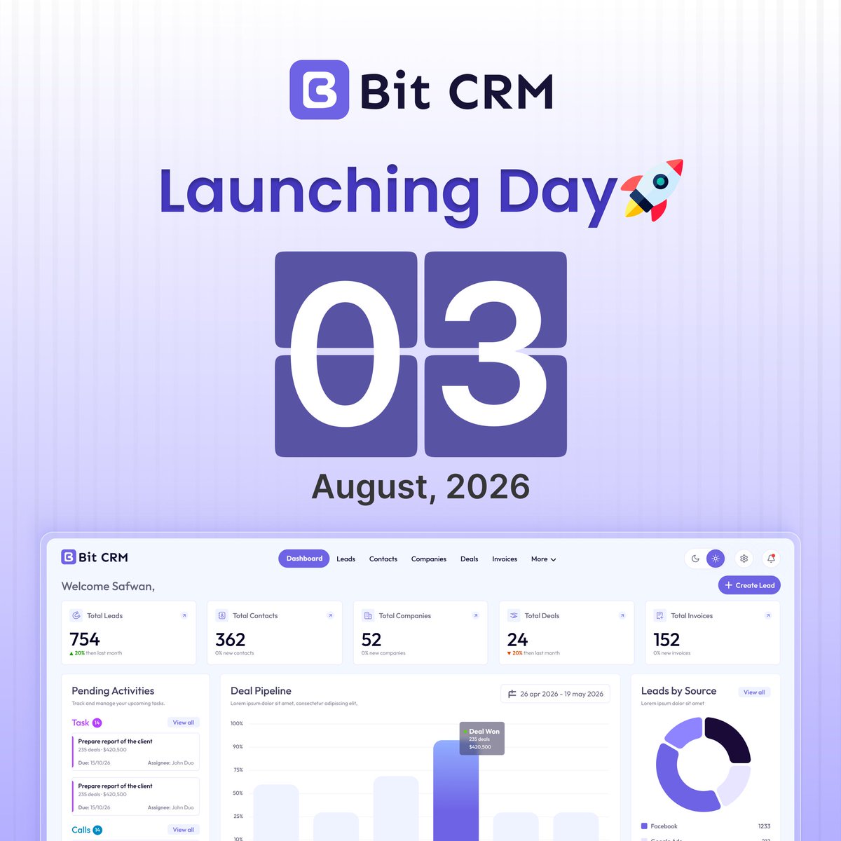 WPBitCRM's tweet photo. Bit CRM is launching on August 3, 2026!

Everything packed inside Bit CRM👇

✓ Leads, contacts, companies, deals, invoices &amp; MCP Server
✓ Customer portal, custom fields
✓ IMAP &amp; history tracking
✓ WooCommerce sync
✓ Multi-currency, team access, workflows

#BitCRM  #BitApps https://t.co/qCK5nq2nBK