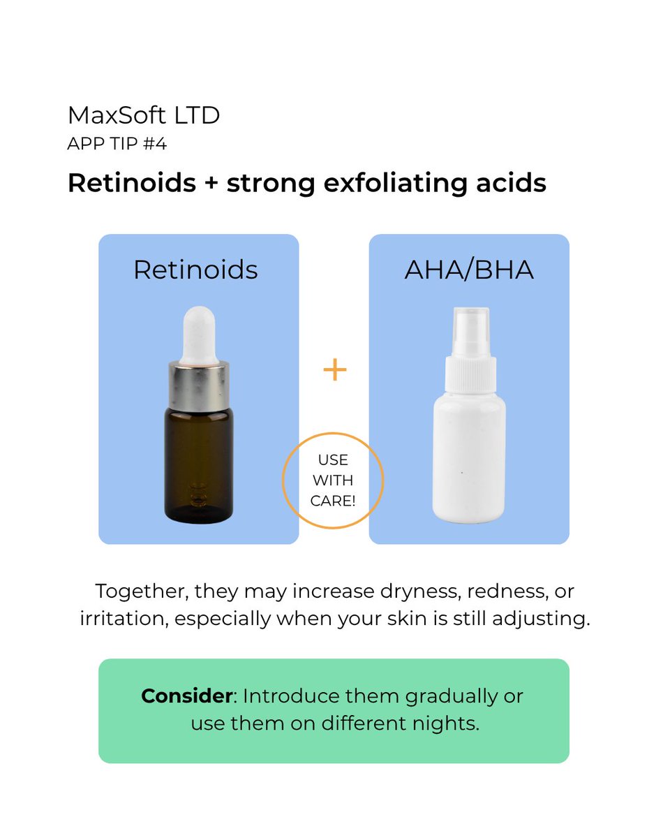 Maxsoftbg's tweet photo. More active ingredients don’t always mean better results.

Combining retinoids with strong exfoliating acids, or layering several exfoliants, may increase dryness and irritation for some people.

Start gradually, follow the instructions, and watch how your skin responds.

Which skincare combination should we explain next?

The content is for general information and does not replace professional dermatological advice.

#Skincare #SkincareTips #Retinoids #SkincareIngredients