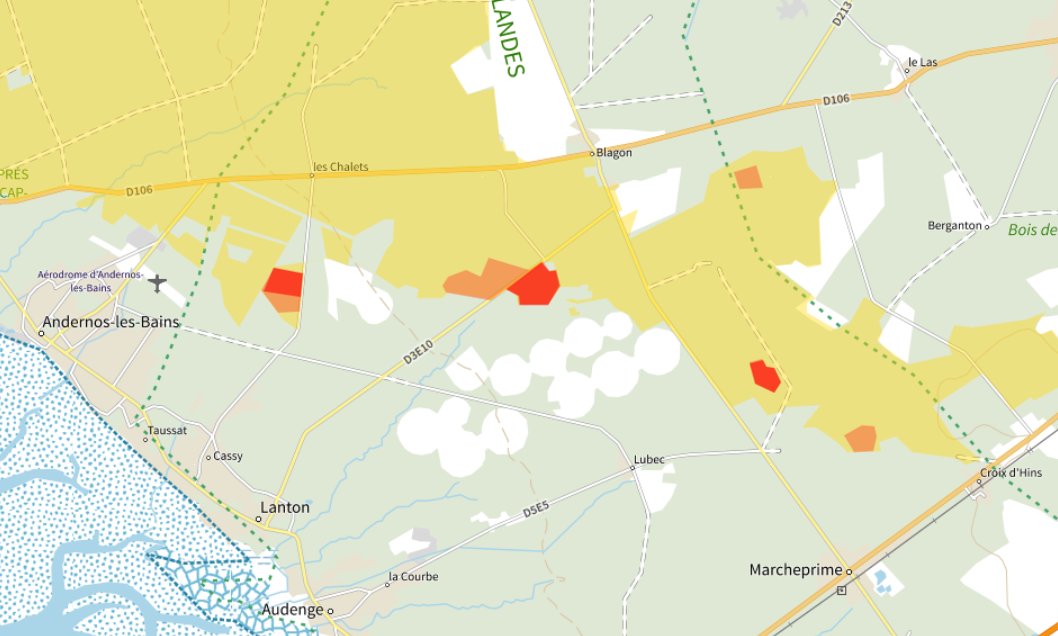epene64's tweet photo. Au sud et au sud-est, il reste là aussi quelques foyers actifs, notamment dans le triangle entre #Andernos, #Blagon et #Lanton👇 https://t.co/tbH0LYewZe