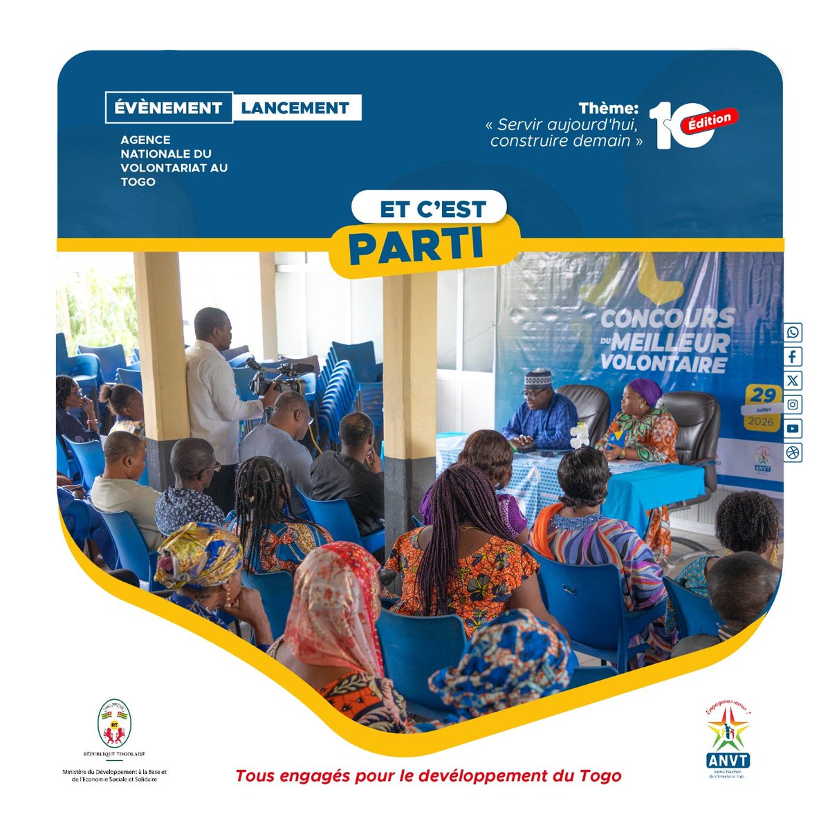 anvt_togo's tweet photo. Les candidatures pour la 10ᵉ édition du #CMV sont officiellement ouvertes.
📢 Volontaires, valorisez les actions que vous menez au service de vos communautés.
« Servir aujourd'hui, construire demain ».
Date de dépôt de dossier : 28 août 2026 dans les CRV où à l'ANVT
#ANVT https://t.co/oGVCuDR1fp