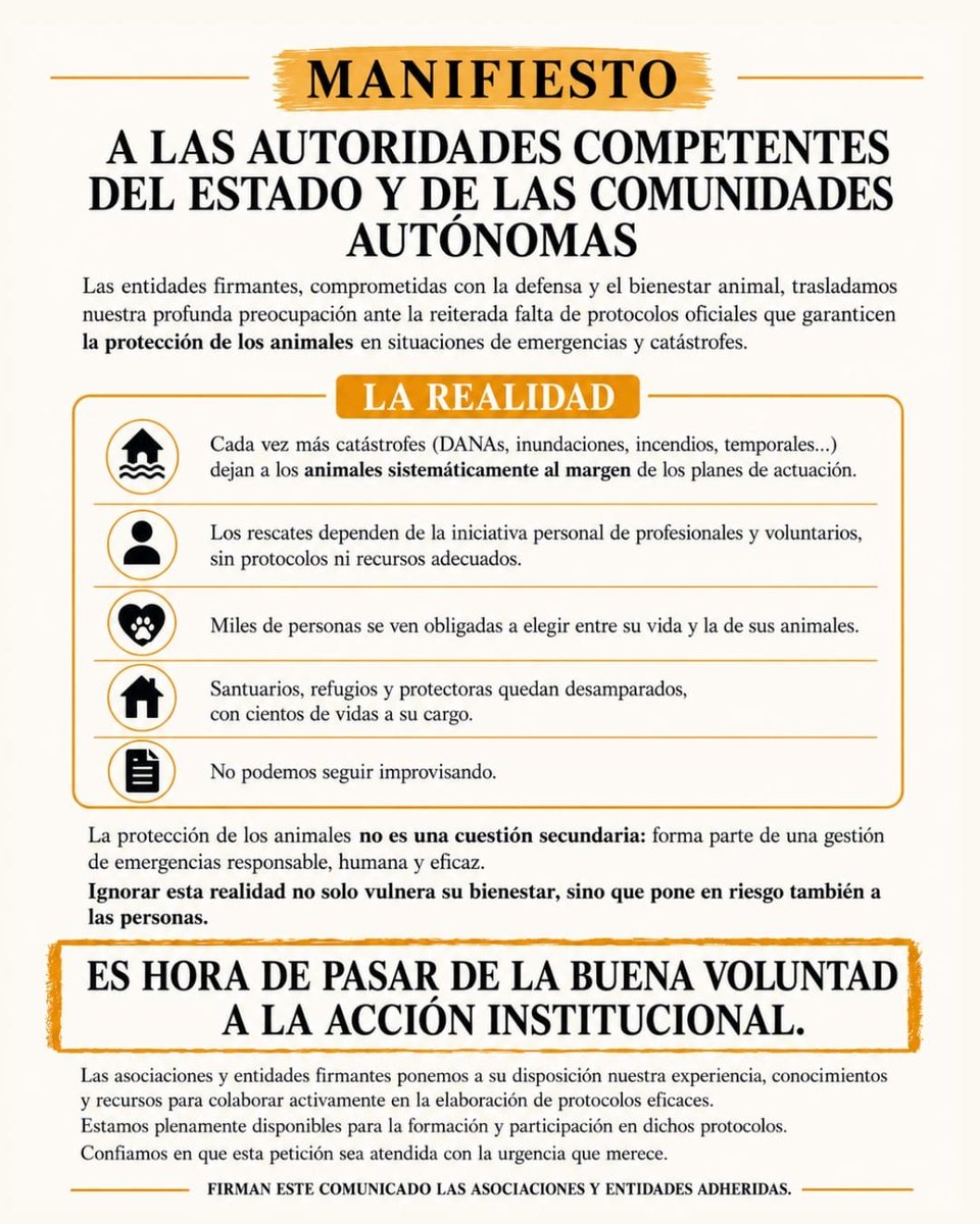 AnimaNaturalis's tweet photo. 🇪🇸🚨📢 Más de 100 organizaciones exigimos un protocolo oficial de evacuación y rescate de animales en catástrofes.

Los incendios, las inundaciones y las DANAs siguen dejando a los animales fuera de los planes de emergencia. Su rescate no puede depender de la improvisación.

Exigimos protocolos oficiales, formación, recursos y coordinación.

¡Ninguna emergencia debería dejar a los animales atrás!

📣 @interiorgob, @ComunidadMadrid, @112cmadrid, @generalitat, @gobjccm, @jcyl, @IdiazAyuso, @sanchezcastejon, @gabrielrufian, @AndaluciaJunta, @Junta_Ex

#ProtecciónAnimal #Emergencias #IncendiosForestales