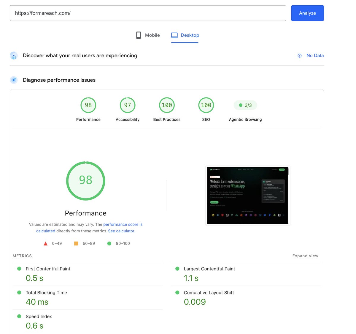 imuthaiyan's tweet photo. Performance matters.
Lighthouse score for https://t.co/gPE5lQiQP4

✅ Performance: 98
✅ Accessibility: 97
✅ Best Practices: 100
✅ SEO: 100

Fast websites convert better. Now we're focused on making lead notifications just as fast - straight to WhatsApp.
#performance #frontend https://t.co/5O3UZLIXUS