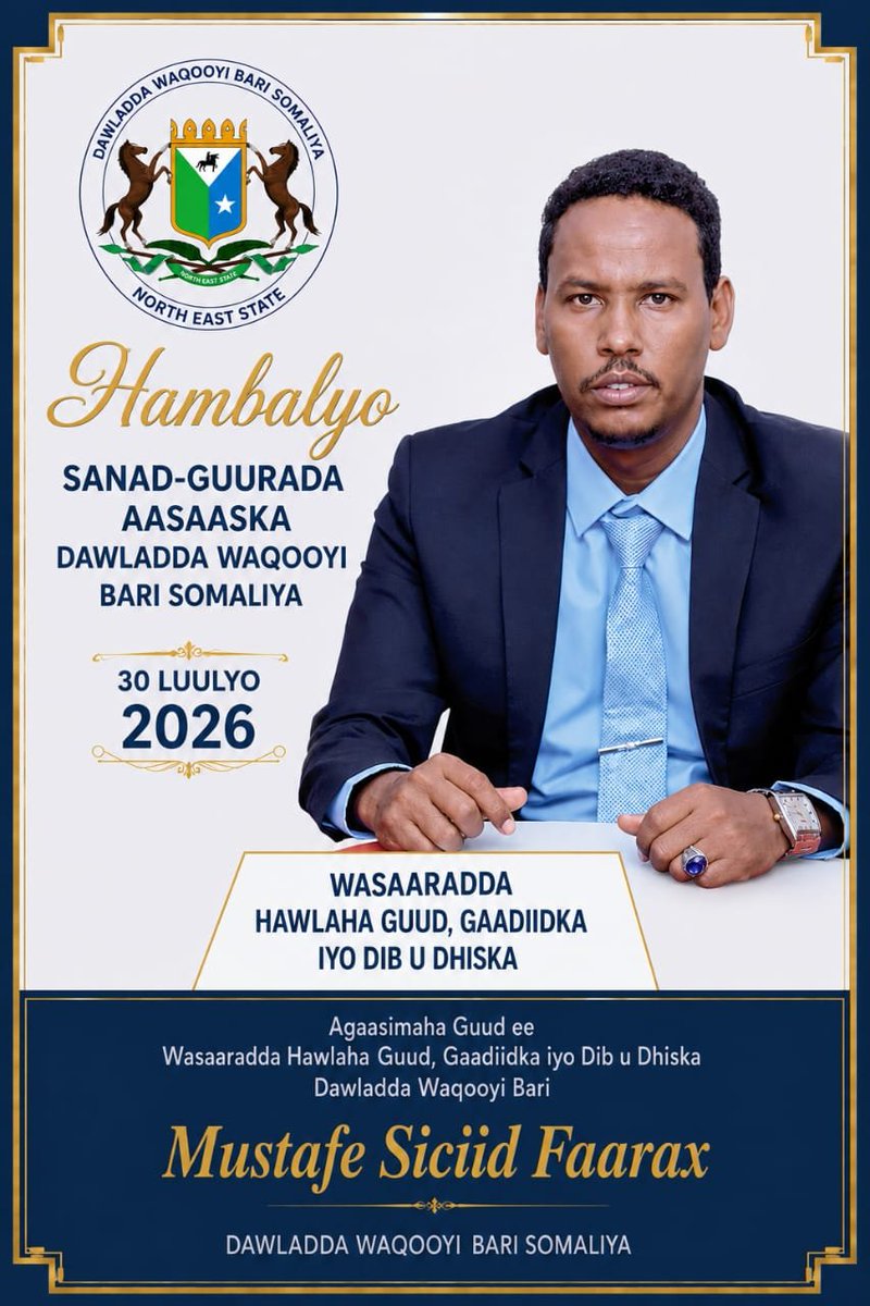 mustafe310's tweet photo. Waxan Hambalyo u diray   Bulashada Waqooyi bari munaasabadda Sanad-guuradii 1-aad ee  aasaaska Dawladda Waqooyi Bari.
Waxaan u rajayn shacabka Waqooyi Bari midnimo xasilooni iyo hurmar waara 
dawladnimada aan haysano aan ku fara adaygno

 #happyanniversary30july
#WaqooyiBari https://t.co/OS6TmOXKQs