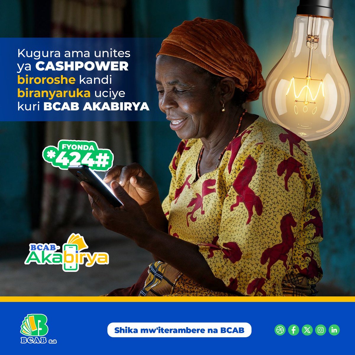 BcabBank's tweet photo. Kira imirongo yo kuriha ama unité y'amatara ⚡hamwe na BCAB Akabirya ukoresheje terefone yawe gusa.

📲 Fyonda *424# maze ukurikize ivyo bakwereka !

#bcabbank #AKABIRYA #PaiementMobile #Burundi #shikamwiteramberenabcab https://t.co/b9fiQSTJdm