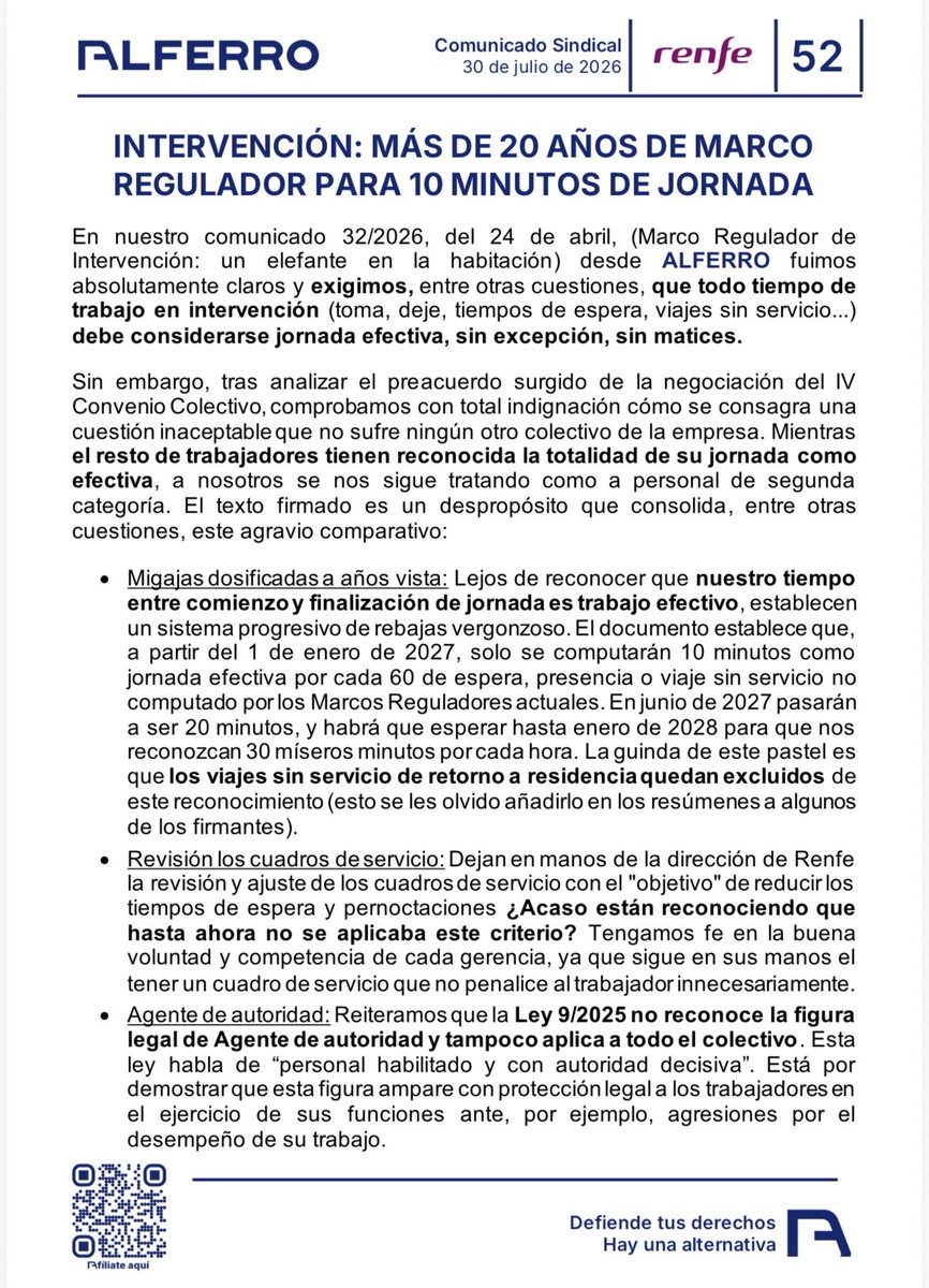 ALFERRO_org's tweet photo. 🚨 En RENFE hay trabajadores de primera… y de segunda.

Al colectivo de Intervención se le sigue negando que todo su tiempo de trabajo sea jornada efectiva.

😡 El IV Convenio Colectivo del Grupo Renfe no corrige la injusticia: la consolida. https://t.co/skP3OwKi39