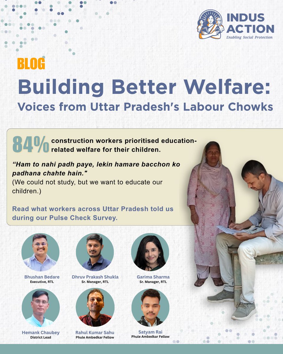 IndusAction's tweet photo. Behind every statistic is a worker with a dream for a better future.

Our latest Pulse Check Survey from #labourchowks across #UttarPradesh reveals what #construction workers value most—and what keeps them from accessing welfare.

Read more: https://t.co/tMer0djIxB https://t.co/piQwSsnbyR