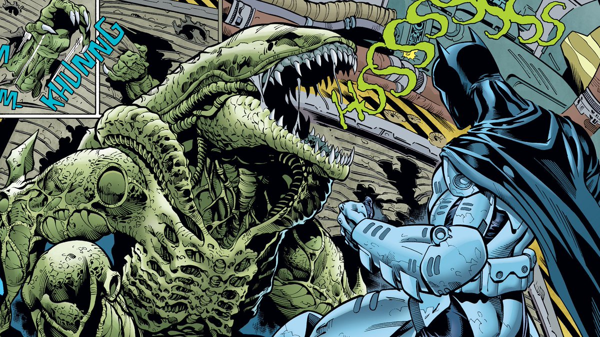 avpcentralt's tweet photo. In Batman/Aliens II, Dr. Fortune spliced Arkham DNA with Xenomorph matter to build supersoldiers.
Two-Face obeyed.
The Killer Croc hybrid did not.
It killed her with a headbite and forced Batman into a mech suit.
Full breakdown: https://t.co/wHiTK1vsST
#Alien #Aliens #Batman https://t.co/17STZscEJ8