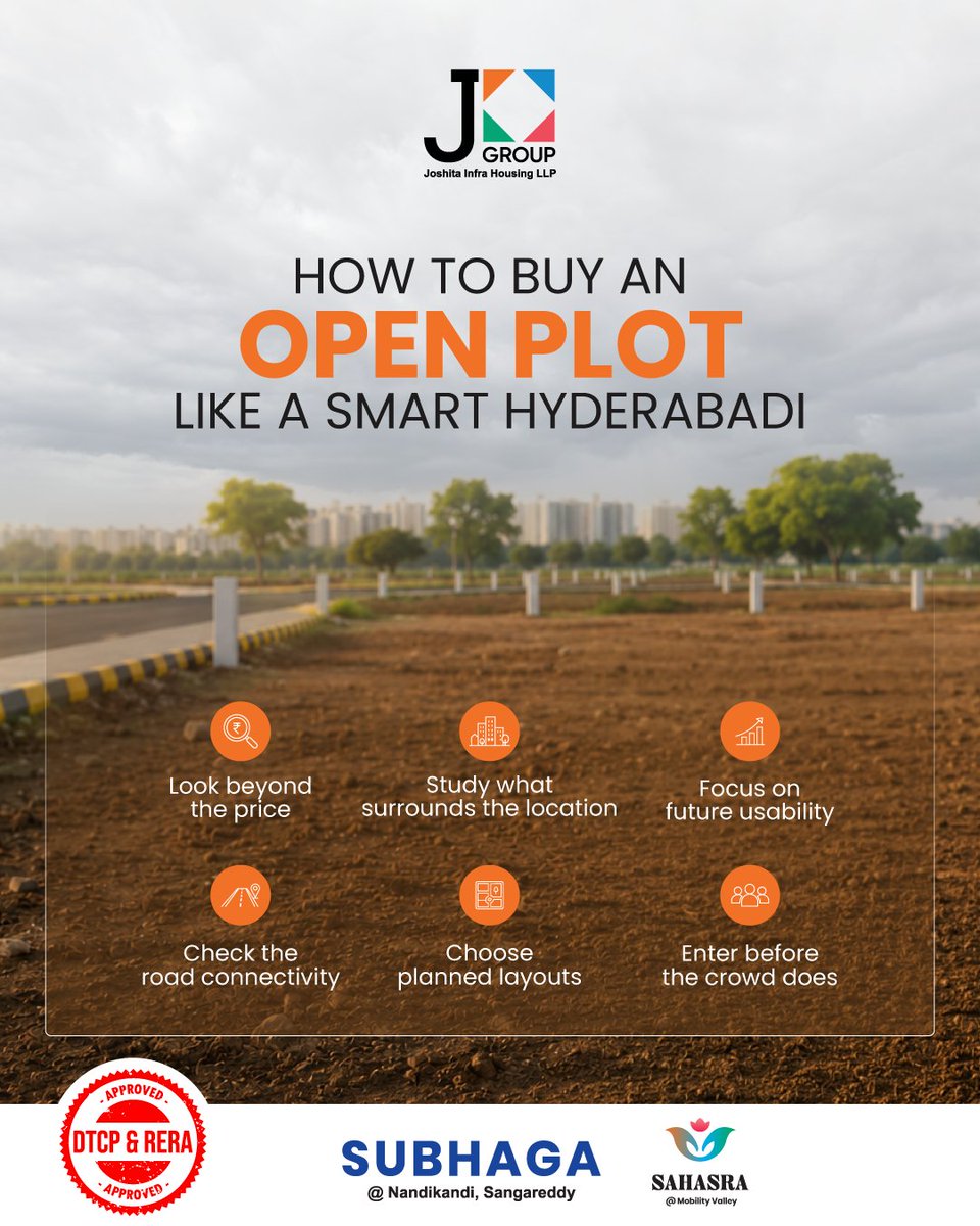 JGroupInfra's tweet photo. The way Hyderabadis buy open plots has changed. Today, buyers value connectivity, infrastructure, approvals, and future growth over just price. J Group Infra creates thoughtfully planned plotted developments for tomorrow.

#JGroupInfra #OpenPlots #HyderabadRealEstate https://t.co/GIqezy16RB