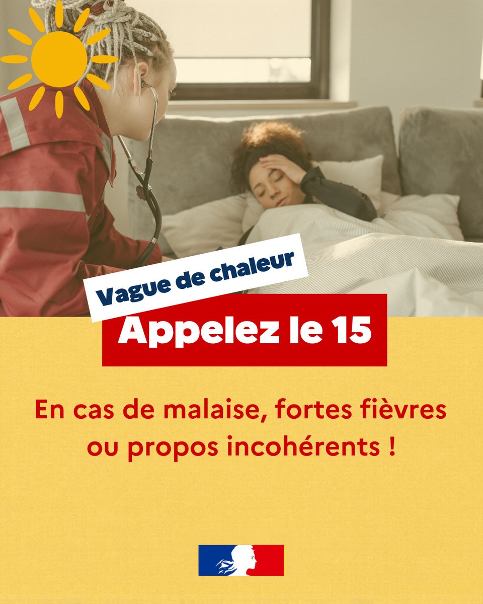 Sante_Gouv's tweet photo. #Canicule | 🌡 La chaleur a un effet immédiat sur l’organisme, et ce dès les premières augmentations de température.
⚠ En cas de #malaise, de forte #fièvre ou de propos incohérents appelez le 15. https://t.co/zGJRAP9Rtm