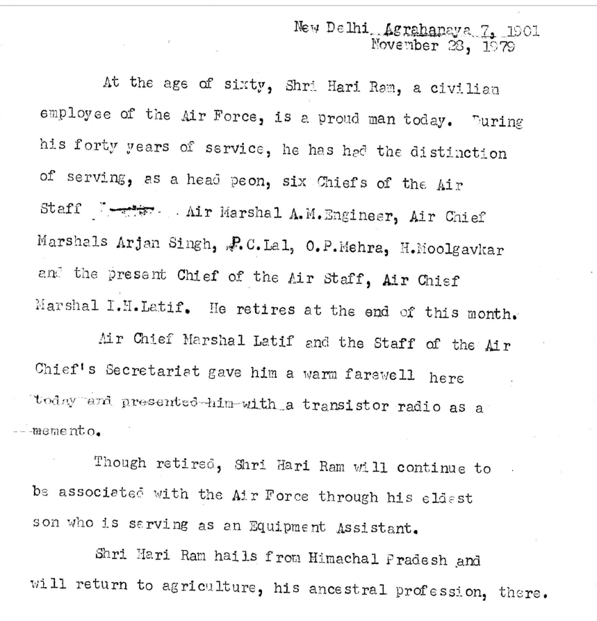 AnchitGupta9's tweet photo. Find of the day. Hari Ram retired in Nov 1979 after 40 years in the Air Chief’s Staff. He had served as head peon to SIX Chiefs, from Air Mshl AM Engineer to ACM IH Latif. His farewell gift from the Chief was a transistor radio. A wonderfully unusual fragment of #IAFHistory.