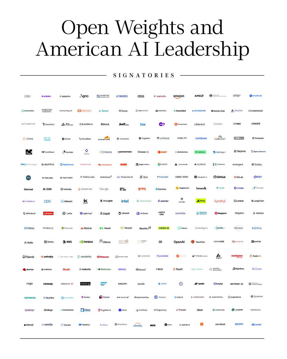 BradSmi's tweet photo. Since launching last week, more than 230 companies and organizations from across the tech sector have signed the "Open Weights and American AI Leadership" open letter. We want to thank these partners for standing up and publicly supporting broader access to AI innovation. A special thanks to @nvidia, @a16z, and @PalantirTech for working with @Microsoft on this effort.

These signatories understand that America’s AI leadership will not depend on the success of our frontier models alone, but on our ability to build a strong, secure, and open ecosystem that diffuses AI into every sector. We look forward to continuing to work with our partners and with policymakers to build that open ecosystem in a way that benefits American businesses, empowers American workers, and strengthens the American economy.