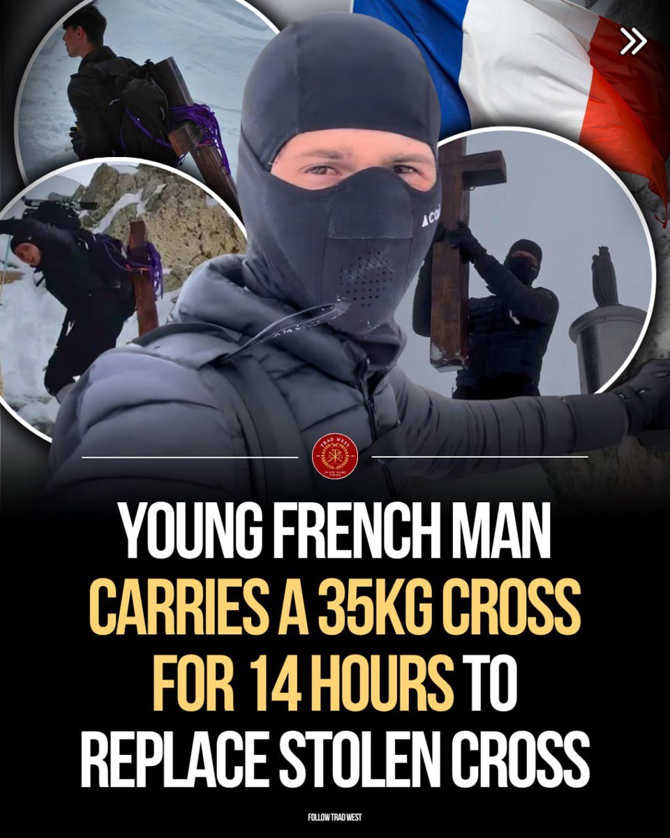 trad_west_'s tweet photo. When the summit cross on Pic d’Aneto was cut vandalized and stolen, 18-year-old Maël Le Lagadec refused to let the mountain remain without the sign of Christ.

He built a wooden cross himself and carried the 35 kg cross for approximately 14 hours to the highest summit in the Pyrenees.

But the story doesn't stop here.

After the vandals damaged the replacement cross again, Maël returned. 

This time, accompanied by a friend, he carried an even larger cross along a 39 km route with approximately 4,000 metres of elevation gain.

They removed the Cross once.
He replaced it.

They removed it again. 
He returned with a larger one.