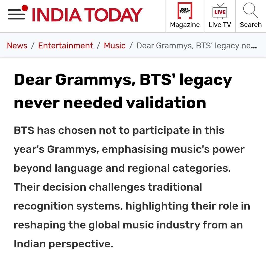 Yoon_kookie97's tweet photo. [Indian Today] “Dear Grammys, BTS' legacy never needed validation”👏🏻

BTS has chosen not to participate in this year's Grammys, emphasising music's power beyond language and regional categories. Their decision challenges traditional recognition systems++ https://t.co/iUD3pPgapo