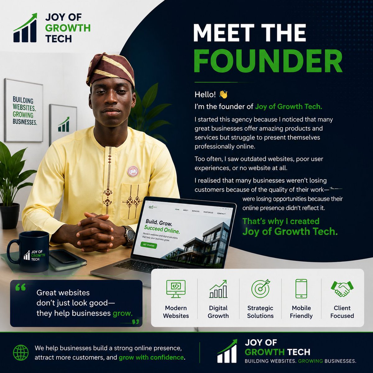 Joyofgrowth's tweet photo. Behind every business is a reason for starting.

I founded Joy of Growth Tech to help businesses build trust online through modern websites and digital marketing.

This is just the beginning, and I'm excited for what's ahead.

#MeetTheFounder #WebDesign #BusinessGrowth https://t.co/eV2FZakJmO