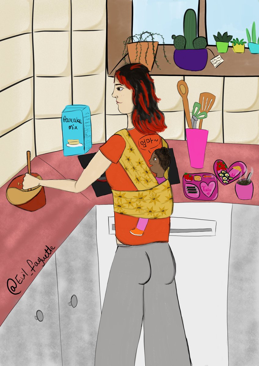 Evil_faguette's tweet photo. Pt 2 of the pregnancy photoshoot !
Here's a little comic of hungry infant Kailee + 1 yo bbg calling out to her umma who's making a bday breakfast for her working wife !
On the 2nd drawing you can spot kimbaps = korean makis + a bowl of miyeok guk = seaweed soup
#AAAFluffweek2026 https://t.co/YYmr0cX4yz