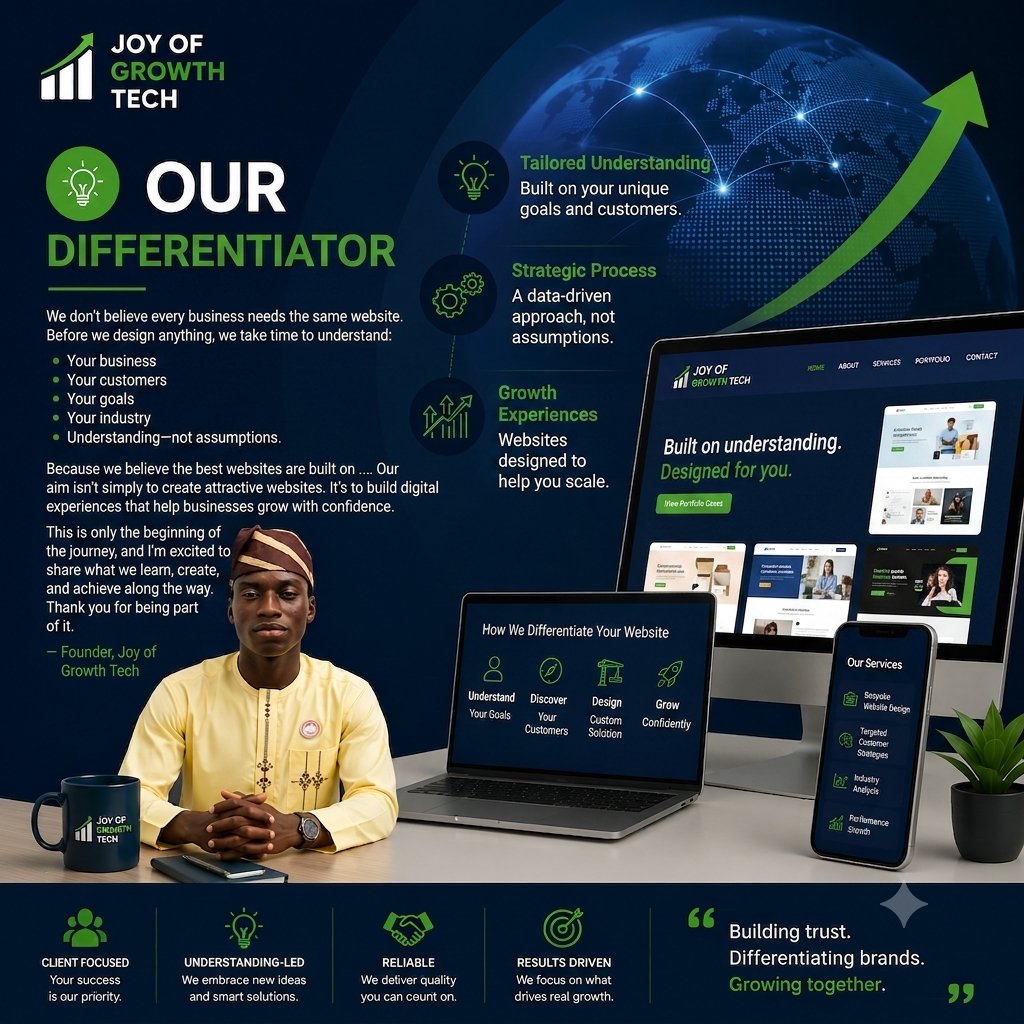 Joyofgrowth's tweet photo. Behind every business is a reason for starting.

I founded Joy of Growth Tech to help businesses build trust online through modern websites and digital marketing.

This is just the beginning, and I'm excited for what's ahead.

#MeetTheFounder #WebDesign #BusinessGrowth https://t.co/eV2FZakJmO