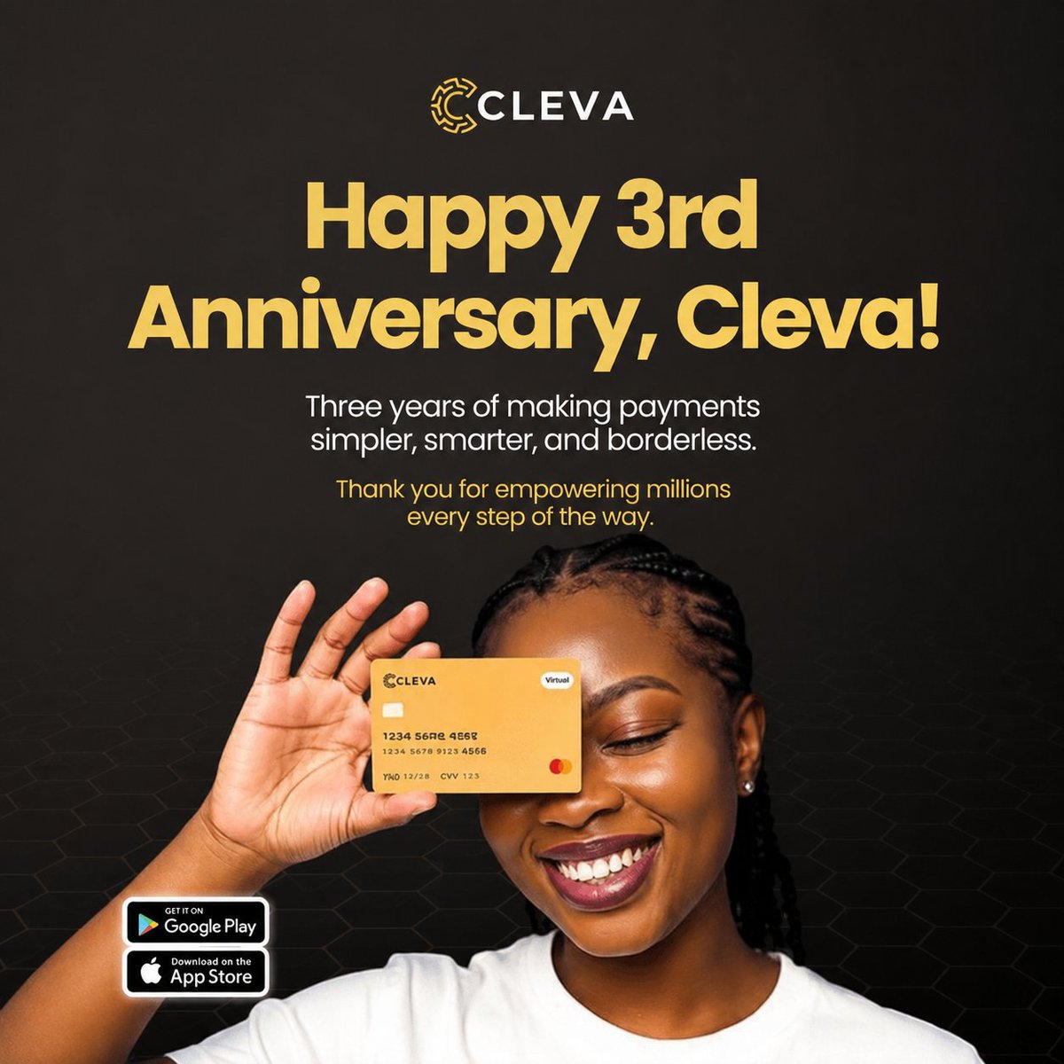 Funnelia's tweet photo. Cheers to 3 incredible years of empowering people with financial freedom.
Happy Anniversary, Cleva! ๐ฅ๐ณ @clevabanking
#ClevaisThree https://t.co/pICUV98f61