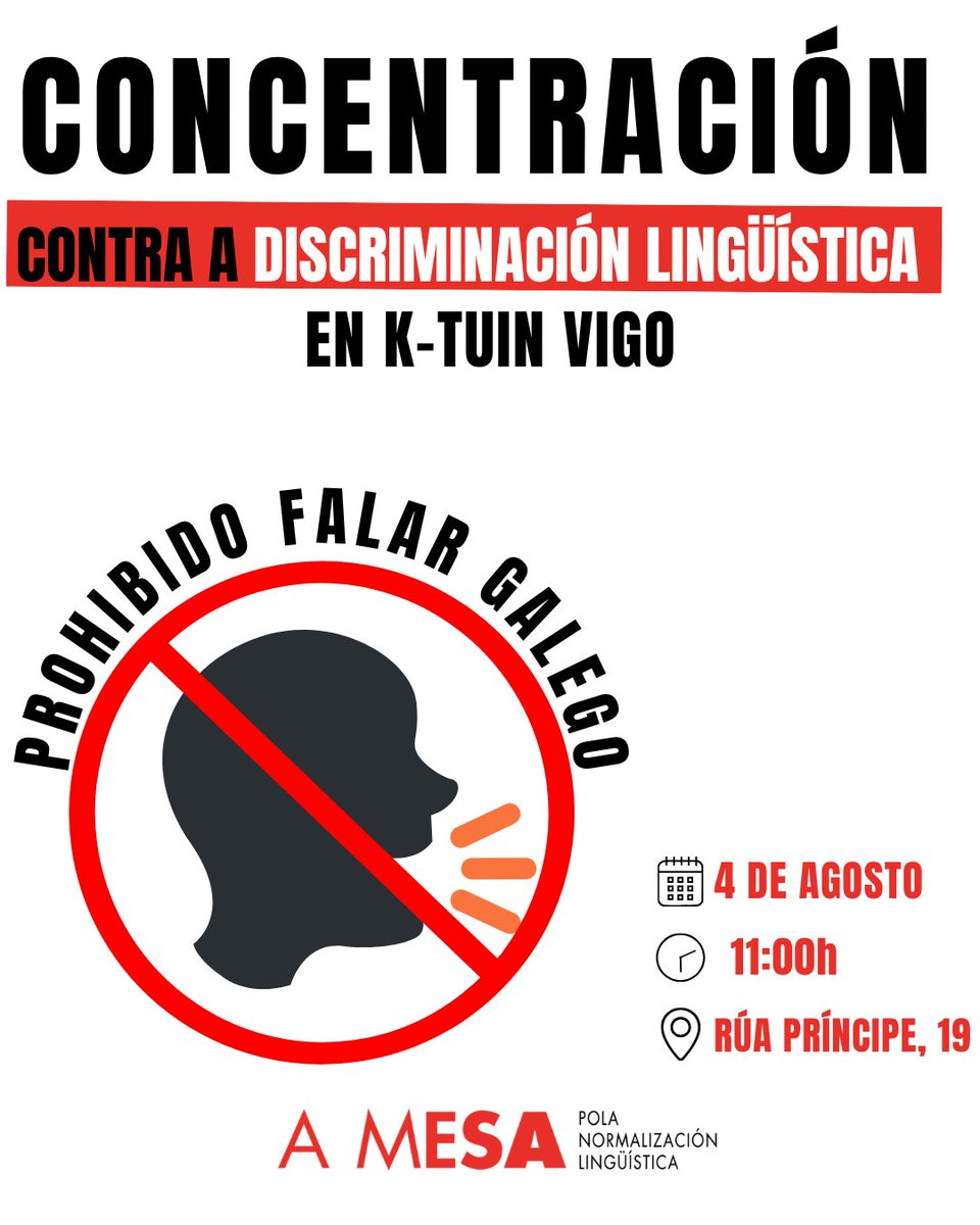 amesanl's tweet photo. “Grave discriminación por motivos lingüísticos” sufrida por unha cidadá galegofalante no comercio K-Tuin.

A Mesa recibíu , a través da Liña do Galego, o testemuño dunha agresión lingüística sufrida por unha cidadá á que lle foi negado o seu dereito a empregar a nosa lingua nun negocio de Vigo e, chegado o momento, a recibir unha folla de reclamacións na que poder reflictir a situación vivida. A persoa agredida denuncia “manobras intimidatorias” para evitar a queixa por parte do persoal do establecemento, que -segundo asegura- chegou a dicirlle que “non queren clientes coma min”.