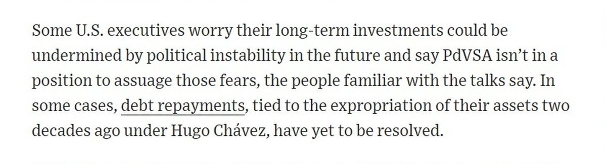 WalterVMG's tweet photo. El Wall Street Journal revela que las grandes petroleras estadounidenses siguen sin dar el paso para invertir masivamente en Venezuela, pese al interés que existe por las mayores reservas de crudo del planeta. Según el diario, compañías como Chevron, ExxonMobil y otras mantienen conversaciones, pero las negociaciones avanzan lentamente porque consideran que aún no existen las condiciones necesarias para comprometer inversiones de miles de millones de dólares. Mientras tanto, algunas empresas más pequeñas sí han comenzado a explorar oportunidades, asumiendo un riesgo mucho mayor.

La explicación es sencilla: la tiranía chavista.

Venezuela representa una oportunidad de oro, literal y metafóricamente, para los inversionistas del mundo y, especialmente, de Estados Unidos. Pero, salvo algunas empresas dispuestas a apostar por ganancias rápidas, es muy difícil que las grandes empresas desembarquen para desarrollar proyectos que requieren décadas de trabajo, enormes inversiones y miles de trabajadores, muchos de ellos venezolanos que hoy están en el exilio y que difícilmente regresarán mientras no exista una democracia real.

¿Por qué? Porque no hay Estado de derecho. No hay reglas claras. No hay confianza. No hay estabilidad política. Tampoco capacidades institucionales suficientes. El chavismo no solo es una tiranía y una cleptocracia; también es una kakistocracia que destruyó la capacidad del Estado para cumplir sus funciones más básicas.

Hay, además, un historial imposible de ignorar. El chavismo de Hugo Chávez, Nicolás Maduro, Delcy Rodríguez y Jorge Rodríguez ha sido socialista, expropiatorio, ladrón y destructor. Destruyó empresas, ahuyentó inversiones, acabó con la seguridad jurídica y convirtió a Venezuela en uno de los países con mayor riesgo político del mundo. Esa naturaleza no ha cambiado. Si hoy la inelecta tirana interina intenta venderse como "abierta al capitalismo", no es porque haya cambiado de convicciones. Es porque Washington la tiene contra la pared. Nada más. El día que esa presión desaparezca, no existe ninguna razón para pensar que el régimen no volverá a hacer exactamente lo mismo que hizo durante los últimos 27 años.

Si @realDonaldTrump, @SecScottBessent, @SecretaryWright y @marcorubio esperan que Venezuela vuelva a ser una fuente importante de inversión, crecimiento y seguridad energética para la región y para Estados Unidos, el camino pasa por una transición política pronta. Hace falta reconstruir la República, restablecer el Estado de derecho y contar con un gobierno legítimo, cuya firma tenga valor, con instituciones confiables, un proyecto de país y el respaldo de los venezolanos. Sin eso, el potencial de Venezuela seguirá siendo solo una promesa.
