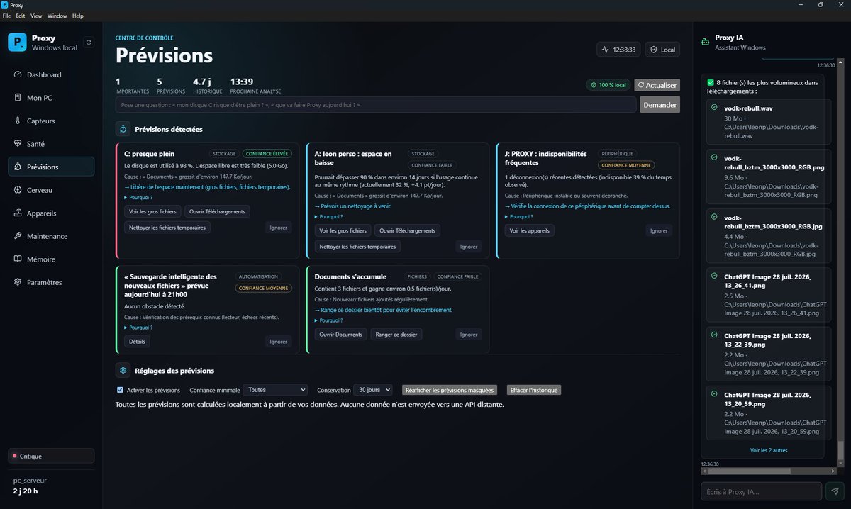 proxy_ia's tweet photo. Aujourd’hui, je finalise la section prévisions intelligentes locales de Proxy. Mon objectif avec cette partie, c’est que le logiciel puisse analyser ce qui se passe sur l’ordinateur, détecter les situations importantes à l’avance et proposer des actions utiles, le tout en local.

Je veux que Proxy ne se contente pas de réagir, mais qu’il soit capable d’anticiper : manque d’espace, accumulation de fichiers, problèmes récurrents, automatisations prévues, ou encore éléments à surveiller. Cette section représente une part importante de ma vision, parce qu’elle rapproche Proxy d’un vrai assistant intelligent, capable de comprendre son environnement et d’aider concrètement son utilisateur.

Je continue donc à peaufiner la logique, la fiabilité et la clarté de cette fonctionnalité pour qu’elle soit réellement utile au quotidien. Proxy avance, et chaque finalisation le rapproche un peu plus de ce que je veux construire.