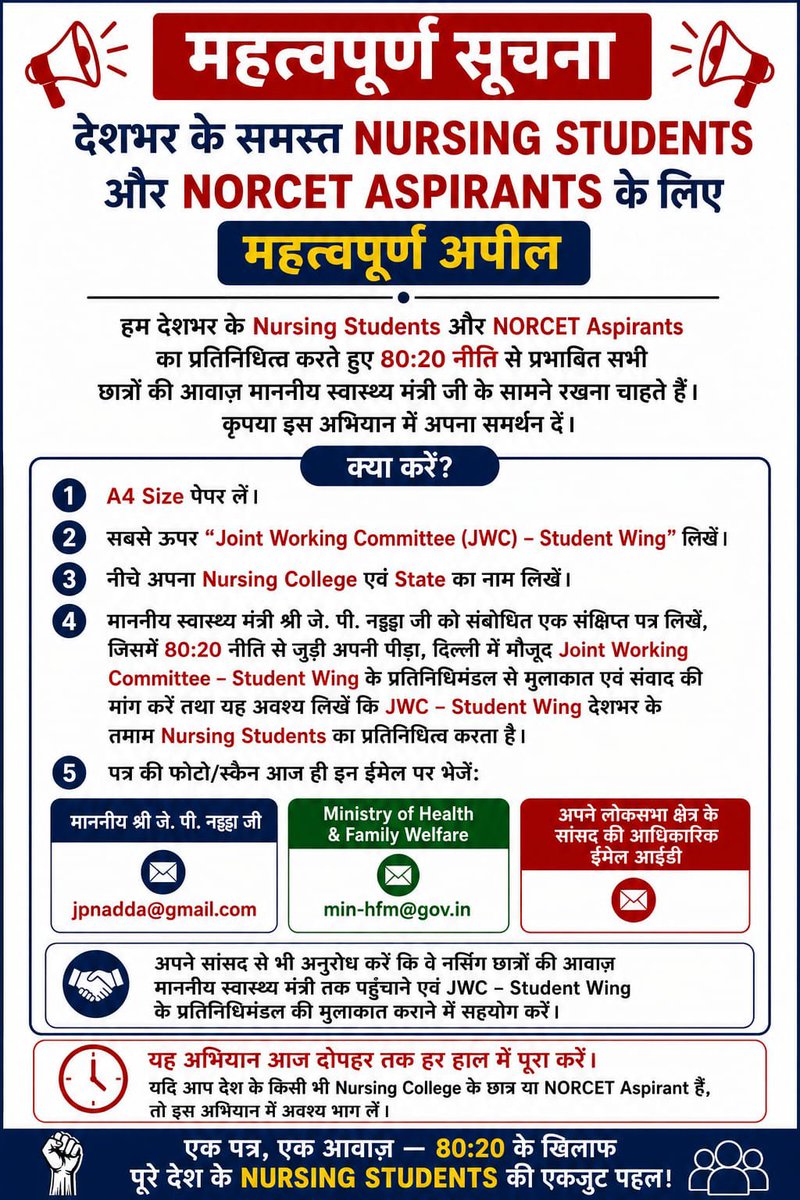 JWC_Nursing's tweet photo. सभी नर्सिंग अभ्यर्थियों से अनुरोध है कि जो भी केंद्र सरकार के अंतर्गत नर्सिंग भर्ती परीक्षाओं (जैसे NORCET एवं अन्य संस्थानों) की तैयारी कर रहे हैं या आवेदन कर रहे हैं, वे 80:20 महिला पुरुष भर्ती प्रावधान से जुड़े अपने विचार एवं चिंताओं को सम्मानपूर्वक भारत सरकार के माननीय स्वास्थ्य एवं परिवार कल्याण मंत्री श्री @JPNadda जी तक ईमेल के माध्यम से अवश्य पहुँचाएँ।
आप मंत्री महोदय से निवेदन करें कि अभ्यर्थियों के प्रतिनिधिमंडल को मिलने का समय प्रदान करें, उनकी बात सुनें तथा इस विषय पर सकारात्मक एवं न्यायसंगत निर्णय लेने की दिशा में आवश्यक कदम उठाएँ।
आप सभी से अनुरोध है कि अपनी बात शालीन, तथ्यात्मक और सम्मानजनक भाषा में रखें। अधिक से अधिक अभ्यर्थियों की सहभागिता से आपकी बात संबंधित अधिकारियों तक प्रभावी ढंग से पहुँच सकती है। #savenursingprofession 
@MoHFW_INDIA @narendramodi @PMOIndia