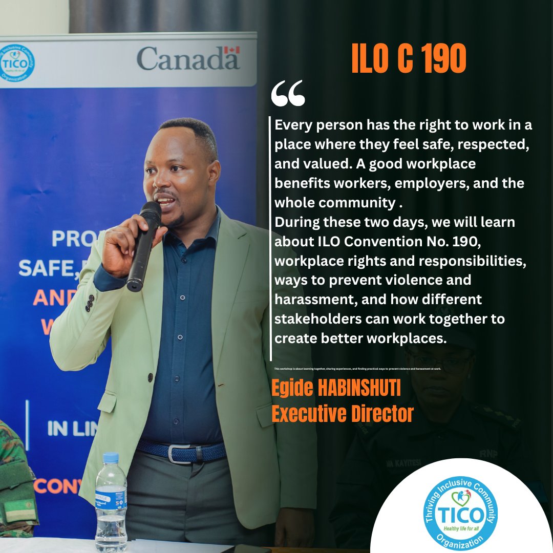 TicoRwanda's tweet photo. "Every person has the right to work in a place where they feel safe, respected, and valued."
These words from our Executive Director, @Egide9241 , set the tone as we begin our two-day training on ILO Convention No. 190 in @KayonzaDistrict .
Through learning, dialogue, and collaboration, participants will strengthen their understanding of workplace rights and responsibilities, explore practical ways to prevent violence and harassment, and work together to build safer, more inclusive workplaces for everyone.
Together, we're creating a future of dignity, respect, and decent work.
#ILOC190 #EndViolenceAtWork #DecentWork #SafeWorkplaces