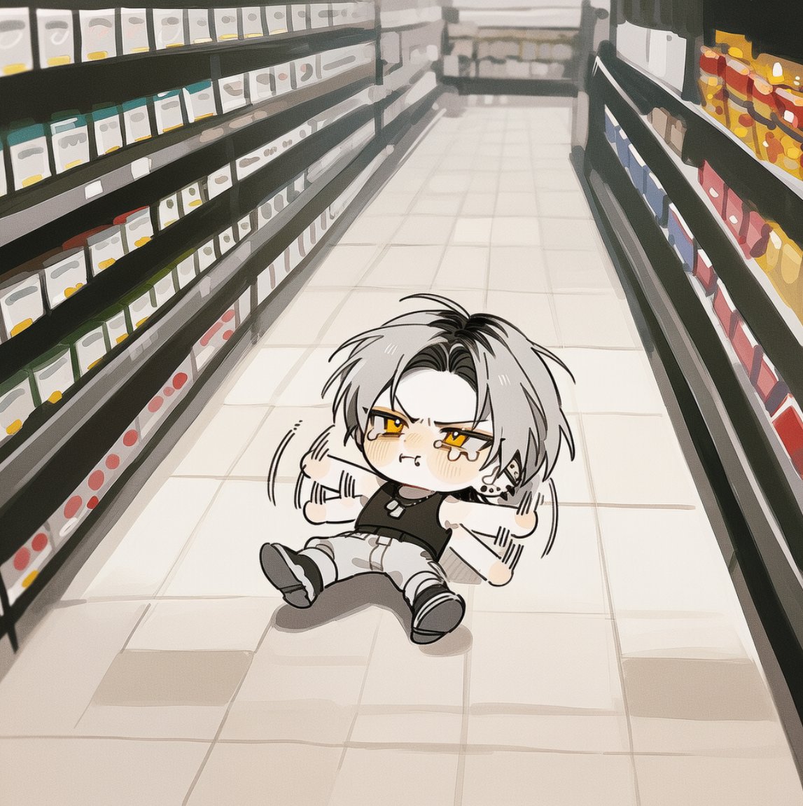 yawnnning's tweet photo. [ OO이는 여기 살아 ] 프롬 

3.5::wide shot::
4::chibi, chibi focus, solo, cute, full body::  

2::inside supermarket, supermarket interior, grocery store aisle::, 3::lying on back, lying on floor::, 2::flailing arms and legs, kicking and waving arms, thrashing limbs, throwing tantrum, having a tantrum, whining, fussy, crying loudly, wailing::, crying, excessive tears, dramatic tears, open mouth crying, pout, scrunched face, red face, puffy cheeks

# 가중치는 맞춰서 조절
타율 안 좋아요 도전해보실래요..?