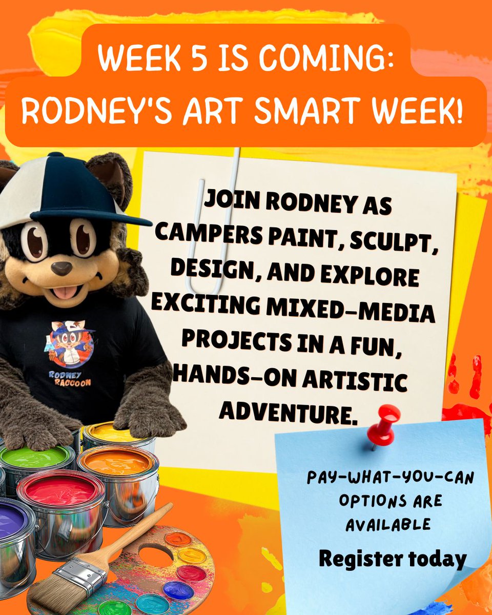 RodneyRaccoon's tweet photo. π¨β¨ Week 5 is Coming: Rodney's Art Smart Week! π¦ποΈ
π
π Register today: https://t.co/SxqBqXpfRg
#WayOutKids #ArtSmartWeek #STEAMSummerCamp #CreativeKids #LearningThroughPlay #RodneyRaccoon https://t.co/NyXGYiOYBc