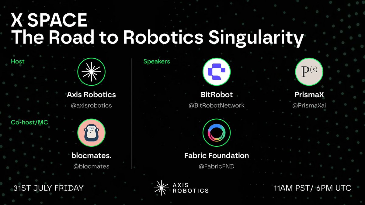 axisrobotics's tweet photo. Robotics is moving fast. But how close are we to its GPT-1 moment—and what’s still missing?

Axis is hosting an X Space, co-hosted with @blocmates and joined by @BitRobotNetwork , @PrismaXai , and @FabricFND , to discuss what it will take to get there.

We’ll also share a limited number of access codes with listeners during the Space. 👀

Join us on Friday, July 31 at 11:00 AM PT / 6:00 PM UTC.

Set your reminder:
https://t.co/N8BnoiAJiv