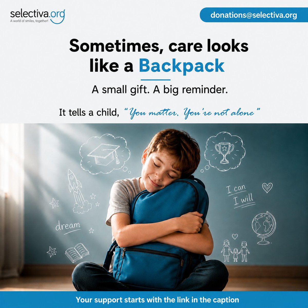 SelectivaOrg's tweet photo. Sometimes, the smallest gifts make the biggest difference. 
A Backpack can give a child confidence, a sense of belonging, and a reminder that someone believes in them.
"You matter. You're not alone."
Support our Back-to-School Backpack Drive:

https://t.co/GzISm5lNaT https://t.co/6MLOKFPenO