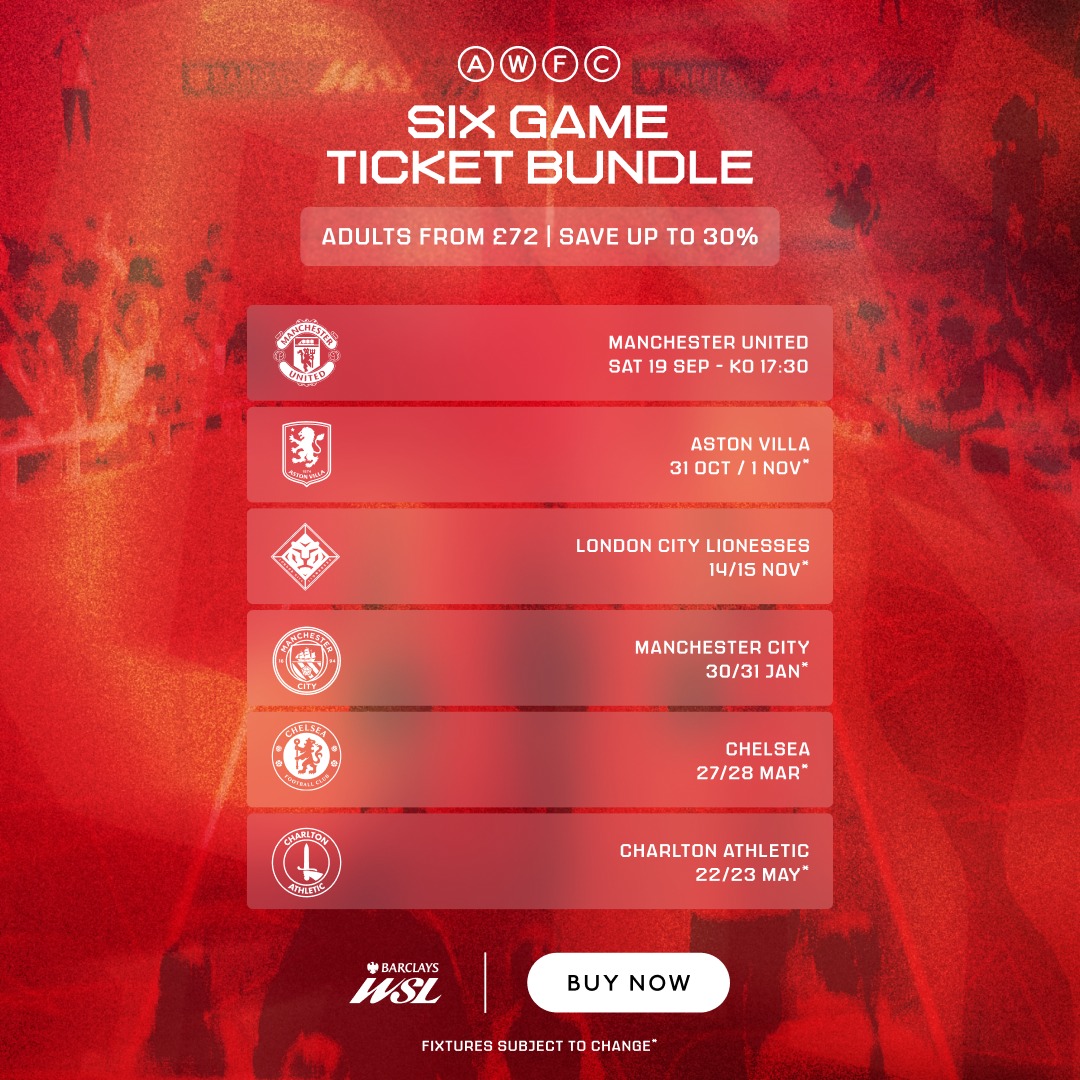 ArsenalWFC's tweet photo. Our Six Game Bundle is now locked in 🔒

Book your seat for six @BarclaysWSL games at a discounted price 🎟️