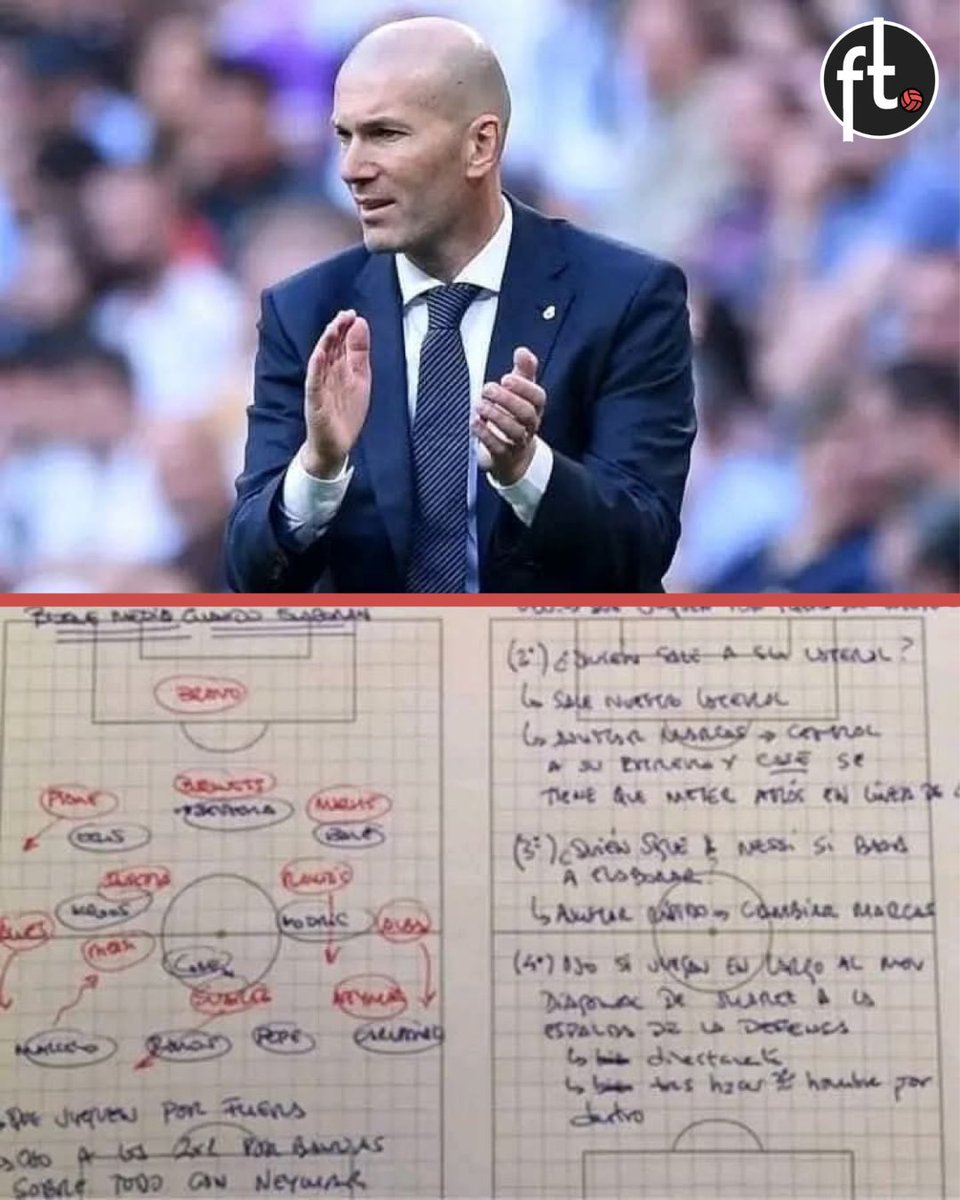 realmadridindo1's tweet photo. 🧠 Instruksi taktis Zinedine Zidane untuk El Clásico pertamanya sebagai manajer Real Madrid, menghadapi trio penyerang ikonik Barcelona, ​​Lionel Messi, Luis Suárez, dan Neymar.

Sejak peluit pembukaan, rencana Zidane sudah jelas: menekan Barça dengan struktur yang terorganisir dan cerdas, serta mengganggu pembangunan serangan mereka dari sepertiga pertahanan.

🗣️ Ia berkata kepada para pemain:

"Ketika Barcelona mulai membangun serangan dari belakang, kita perlu menekan dengan struktur 4 lawan 3.

Cristiano, tugasmu adalah memotong umpan antara kiper dan bek tengah pertama. Benzema, kamu jaga Busquets dan blokir jalur umpannya. Bale, tekan bek tengah kedua.

Dengan begitu, kita akan memaksa Busquets untuk mundur menerima bola - dan itu akan membuat Barça kehilangan keunggulan jumlah pemain di lini tengah.

Kroos dan Modrić, jangan biarkan bola mencapai Iniesta atau Rakitić.

Iniesta akan mencoba masuk melalui tengah untuk menarikmu keluar dari posisi dan menciptakan ruang untuk Suárez atau Messi. Casemiro, pada saat itu, kamu jaga Iniesta.

Jika Iniesta atau Rakitić menerima bola, tekan mereka dengan intensitas maksimal untuk memaksa mereka mengembalikannya ke Busquets."

Zidane menunjukkan bahwa dia bukan manajer yang mengandalkan firasat – dia memiliki kecerdasan taktis yang tidak dimiliki banyak orang.

Sedikit kejeniusan Zizou.